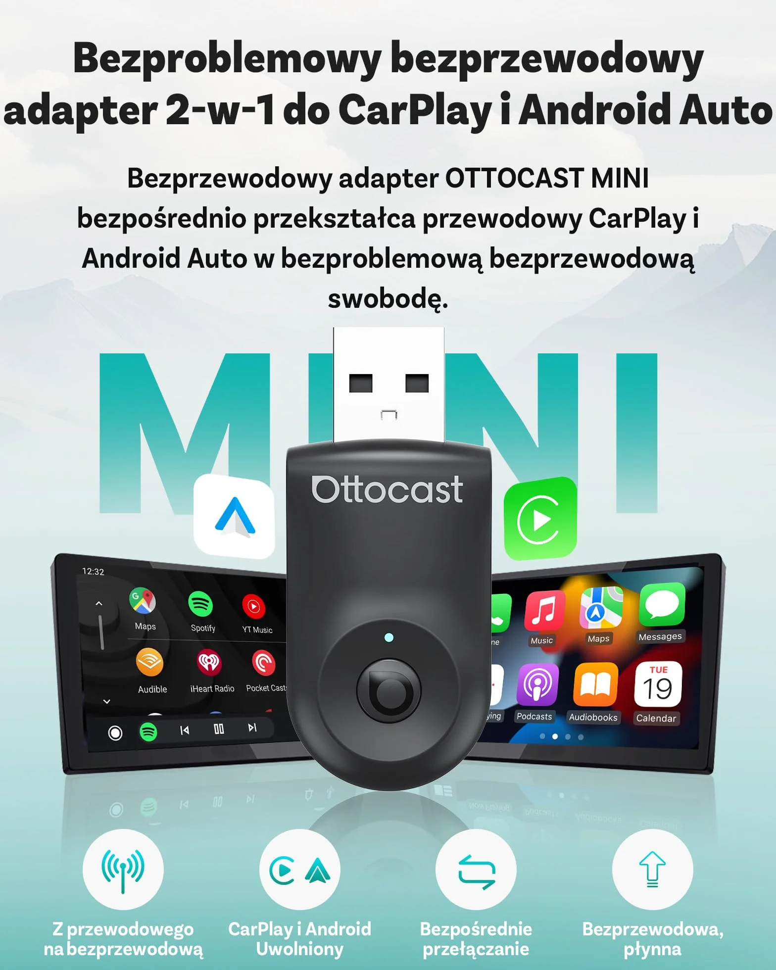 Nowość 2025 Ottocast Mini Flow – Bezprzewodowy adapter CarPlay & Android Auto, Dongle 2 w 1, Plug & Play, Ultra kompaktowy, Kompatybilny z iPhone & Android, Do aut od 2016 (Nie dla BMW/Tesla)
