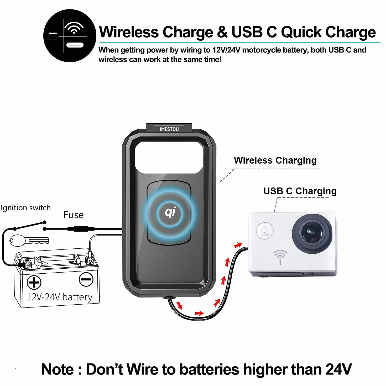 iMESTOU Wodoodporny uchwyt na telefon motocyklowy IP67/ładowarka USB C do kierownicy telefonu komórkowego z obrotem o 360° do telefonów 4,7-6,1" (S)