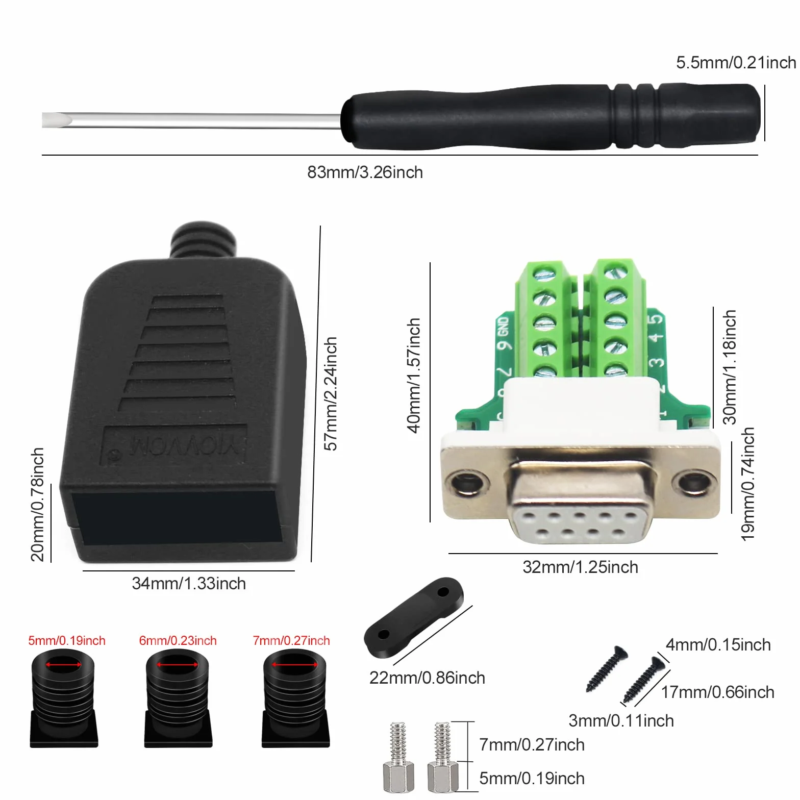 DB9 Breakout Connector, DB9 Solderless RS232 D-SUB żeńskie adaptery szeregowe 9-pinowy port biały adapter do modułu sygnałowego złącza zaciskowego z obudową i nakrętką