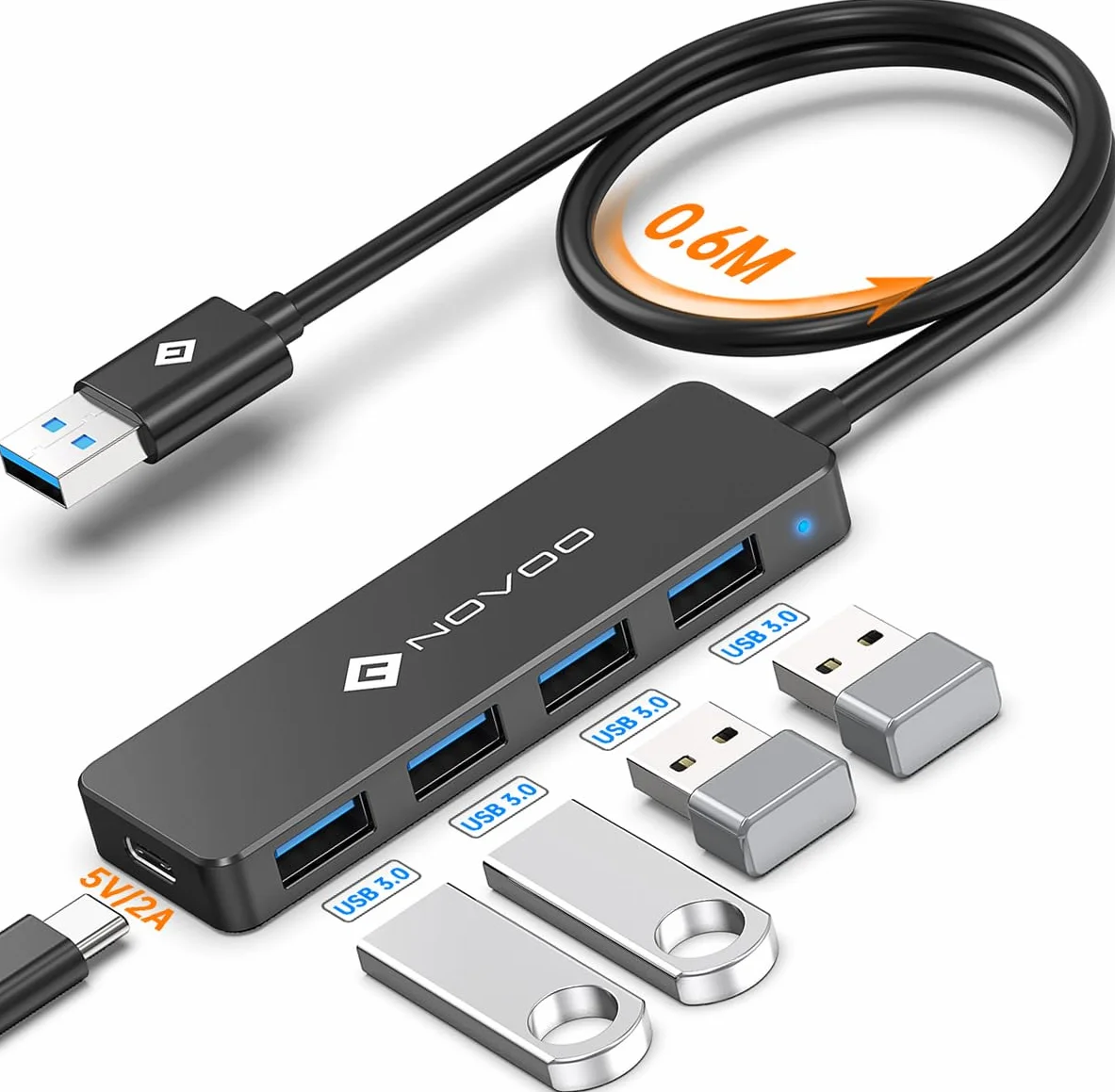 NOVOO USB C Hub 4-porty USB 3.0, Transfer danych 5 Gbit/s, Port zasilania USB 5 V/2 A, 60cm przedłużony kabel, Hub USB dla MacBooka, Laptop, mobilny dysk twardy
