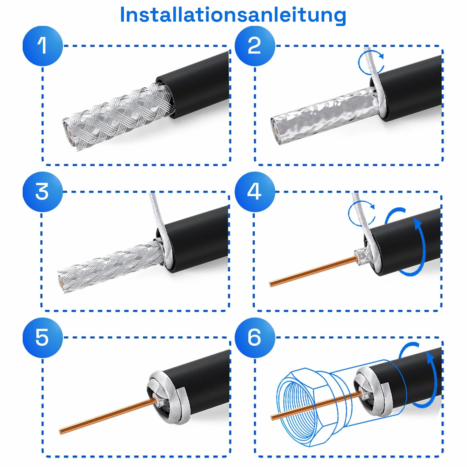 HB-DIGITAL Kabel koncentryczny 25 m SAT 135 dB 8K 4K UHD 4-krotnie ekranowany do DVB-S / S2 DVB-C / C2 DVB-T / T2 DAB+ radio + w zestawie 10 x pozłacane złącza F BK urządzenia - stalowy/miedziany