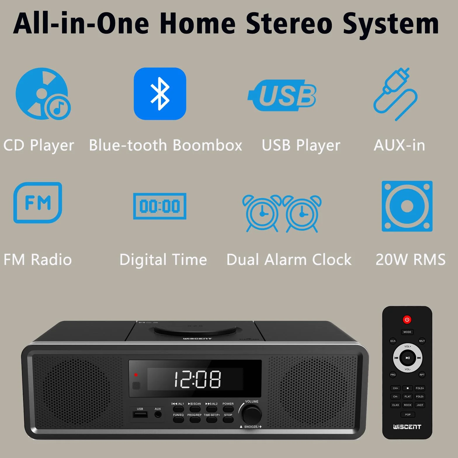 Zestaw stereo kompaktowy domowy system stereo, odtwarzacz CD z Bluetooth, radio FM, wejście Aux-In, odtwarzanie USB, zegar cyfrowy, podwójny budzik, odtwarzacz CD do domu