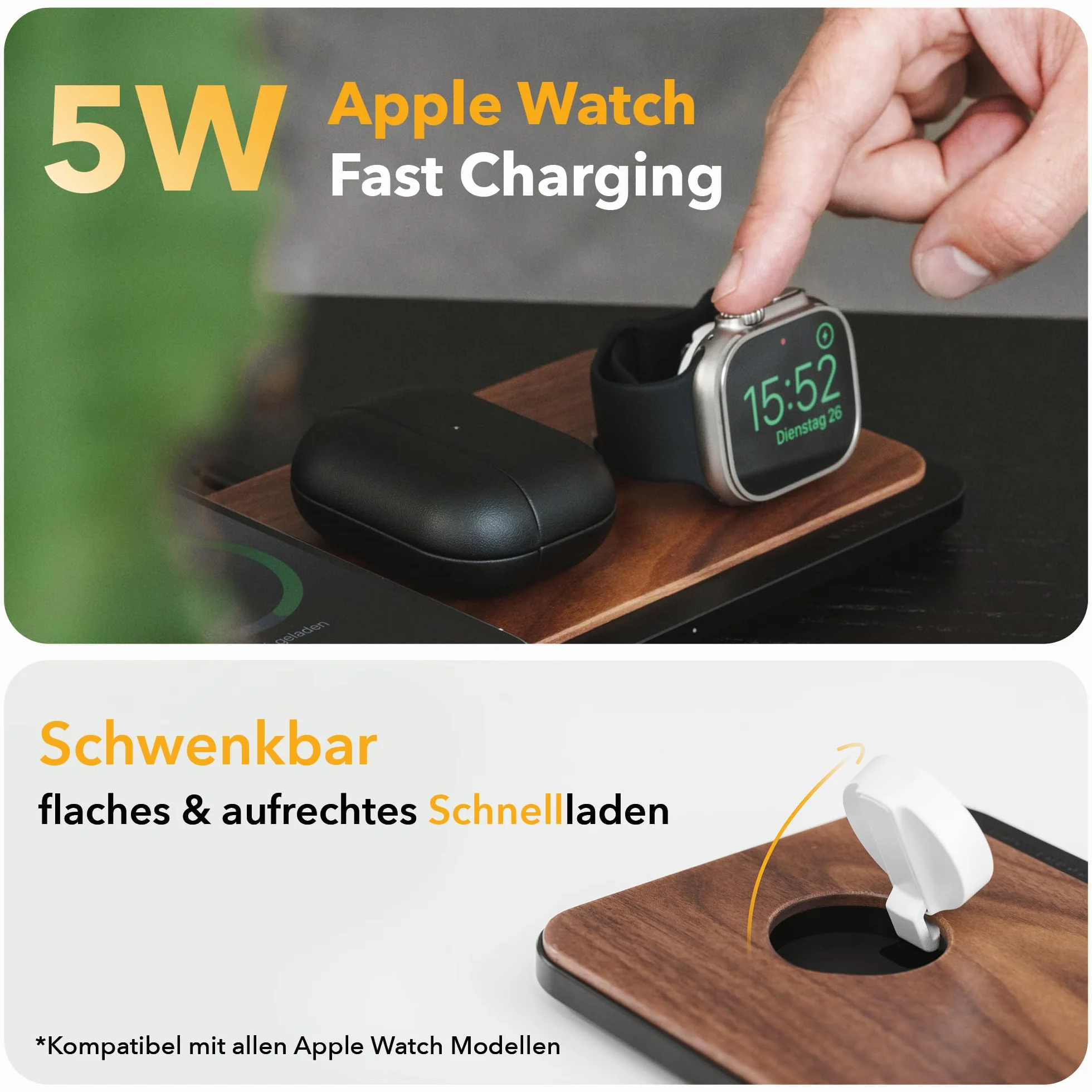 Woodcessories Multibase Pro - 3 w 1 drewniana stacja ładująca | Magsafe ładowarka | indukcyjna stacja ładująca do iPhone'a, Apple Watch, Air Pods w zestawie z adapterem Power 45 W