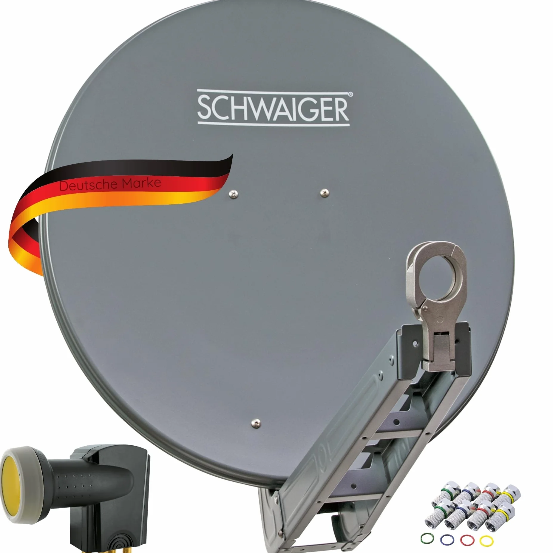SCHWAIGER -4630- System satelitarny | Antena satelitarna | 75 cm | Antena satelitarna z aluminium | Konwerter Quad | cyfrowy | 4 uczestników | 8 złącz F | 7 mm | 75 x 80 cm | antracyt