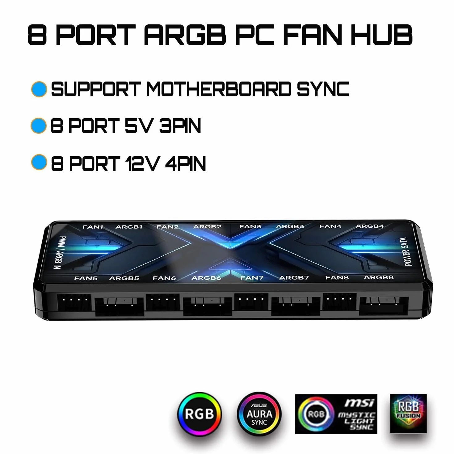 ARGB PWM koncentrator wentylatora, adresowalny 5 V 3-pinowy 12 V 4-pinowy PWM obudowa 2 w 1 RGB koncentrator wentylatora z magnesem, wejście zasilania SATA PSU, 8 portów dla wentylatorów i