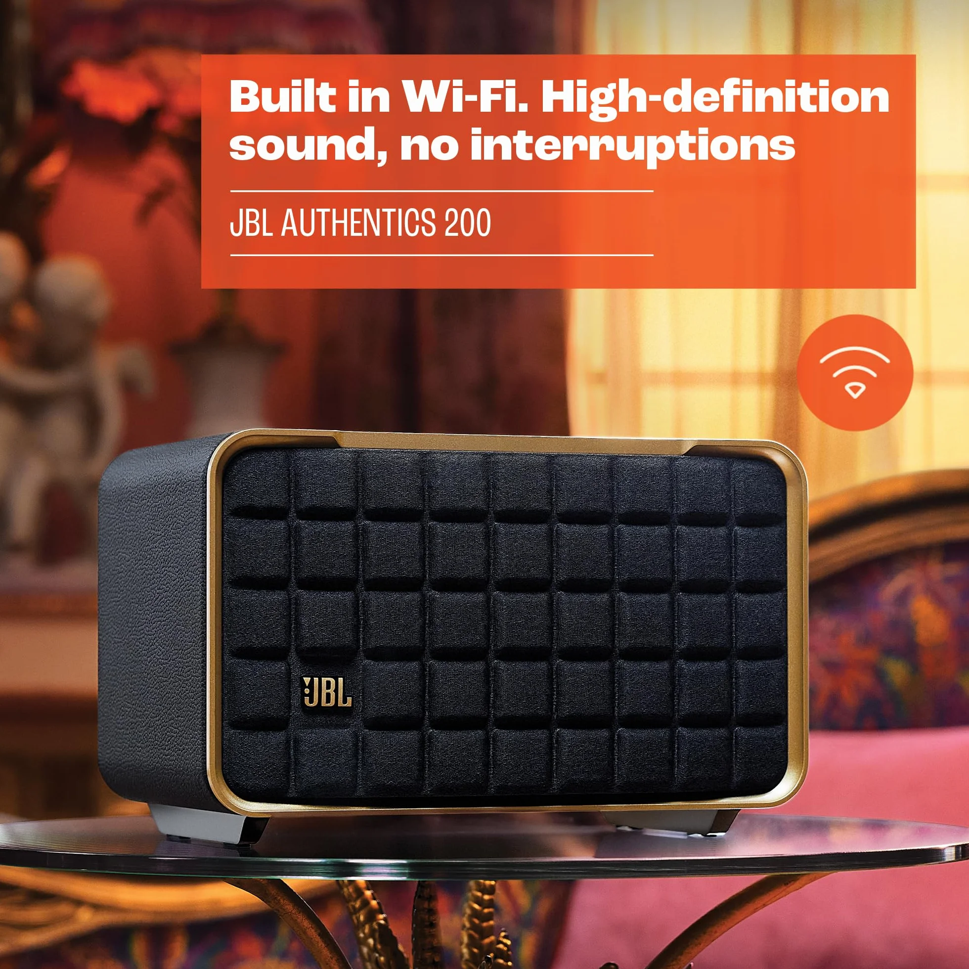 JBL Authentics 200, Inteligentny Głośnik Domowy z Wi-Fi, Bluetooth, Dźwiękiem Stereo i Mocnym Basem, Kompatybilny z Alexa i Google Home, w Stylu Retro