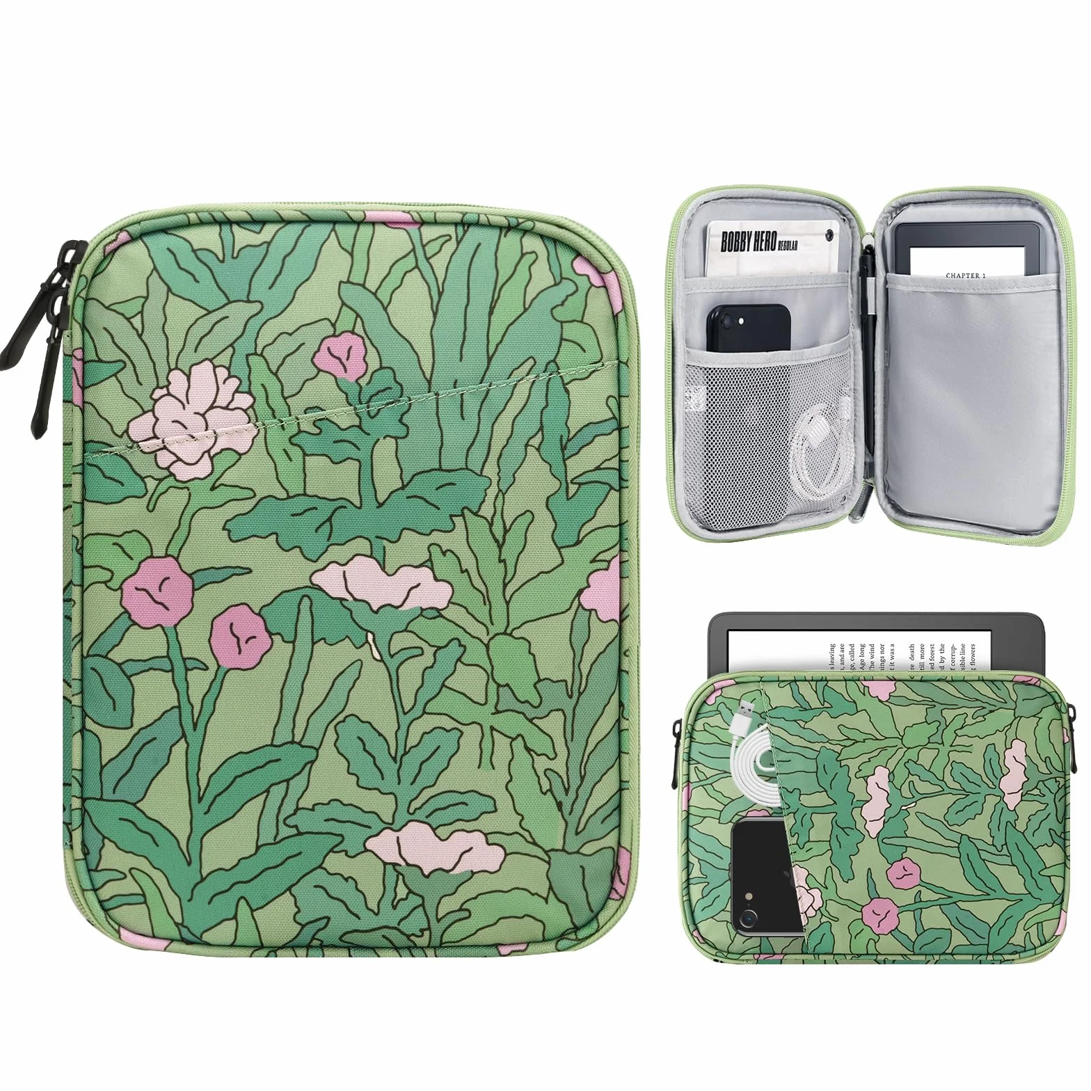TiMOVO 6-7 Inch Tablet Sleeve for All-New Kindle Paperwhite and Kindle Colorsoft Signature Edition, Protective Sleeve Cover Case with Pocket for Kindle E-Reader/Kindle Oasis, Green Flower