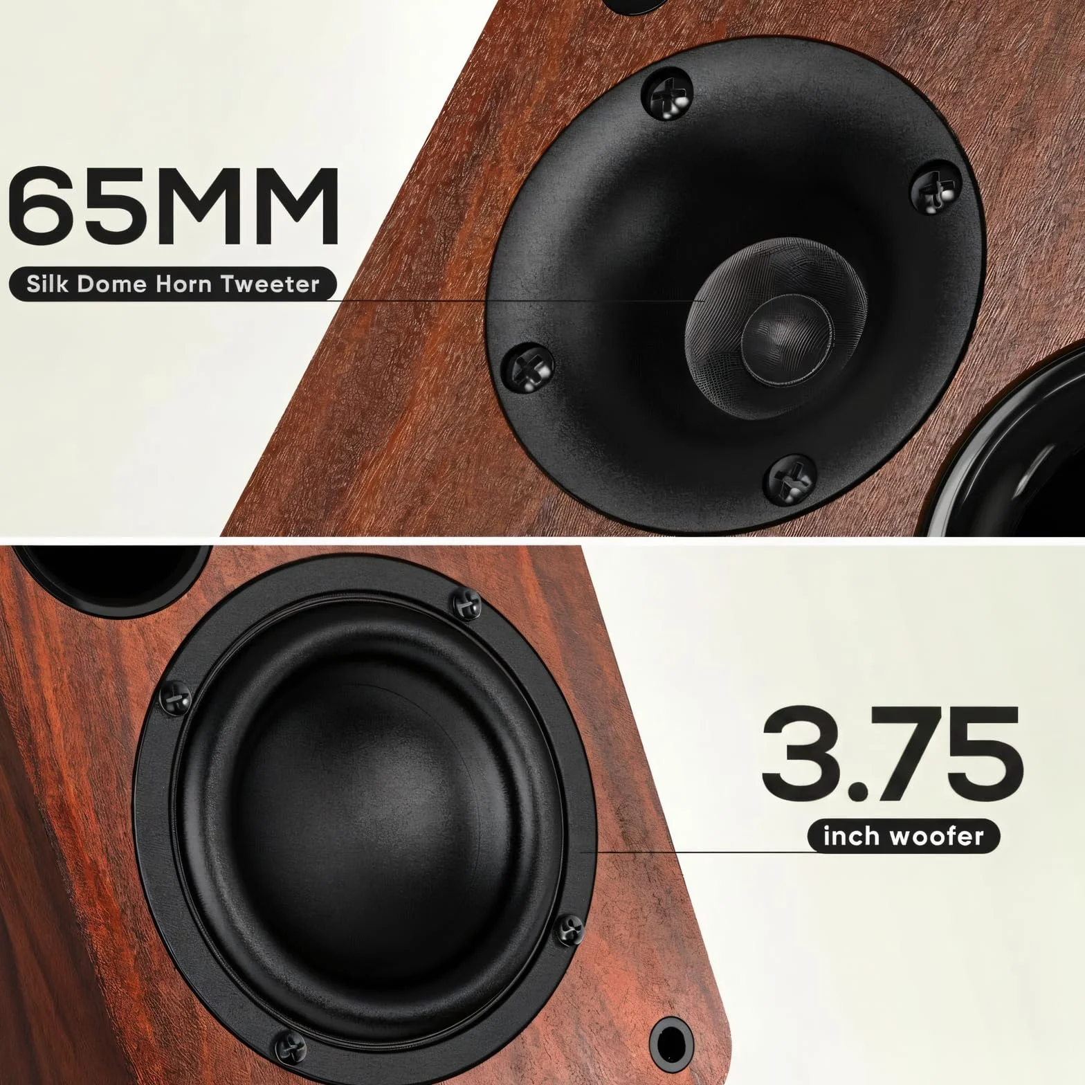 Saiyin Głośniki półkowe Bluetooth, 30 W x 2, zasilane głośniki telewizyjne z głośnikiem niskotonowym 3,5 cala, głośniki gramofonowe z wejściem optycznym/AUX/RCA do PC i telewizora
