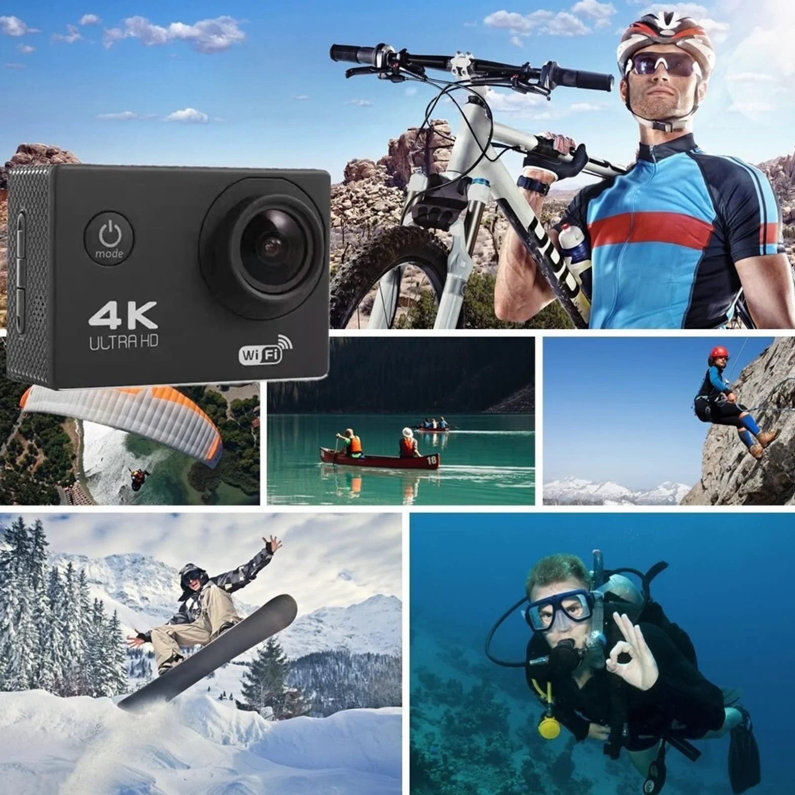 Kamery akcji 4K Ultra. HD. Mini Action Camera, 2,0 "Ekran Sport WiFi DV. Kamera, podwodna wodoodporna kamera, kamery kasków do motocykli Wodoodporna i trwała obudowa (Color : Blauw)