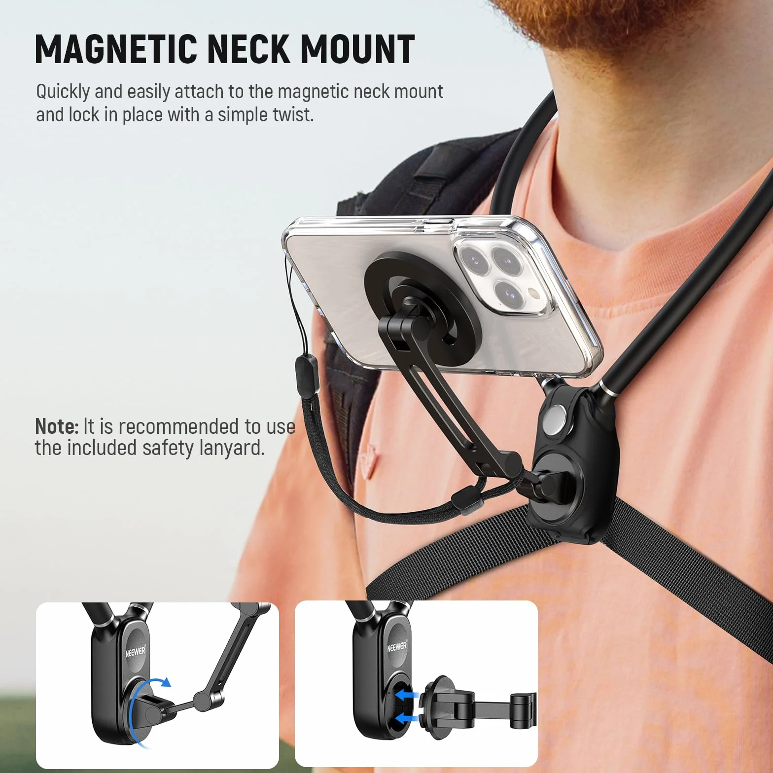 Neewer Magnetyczny uchwyt na szyję do akcji, bez użycia rąk, z paskiem na klatkę piersiową, kompatybilny z GoPro DJI Insta360, uchwyt na szyję do nagrywania wideo POV Vlog, GP26