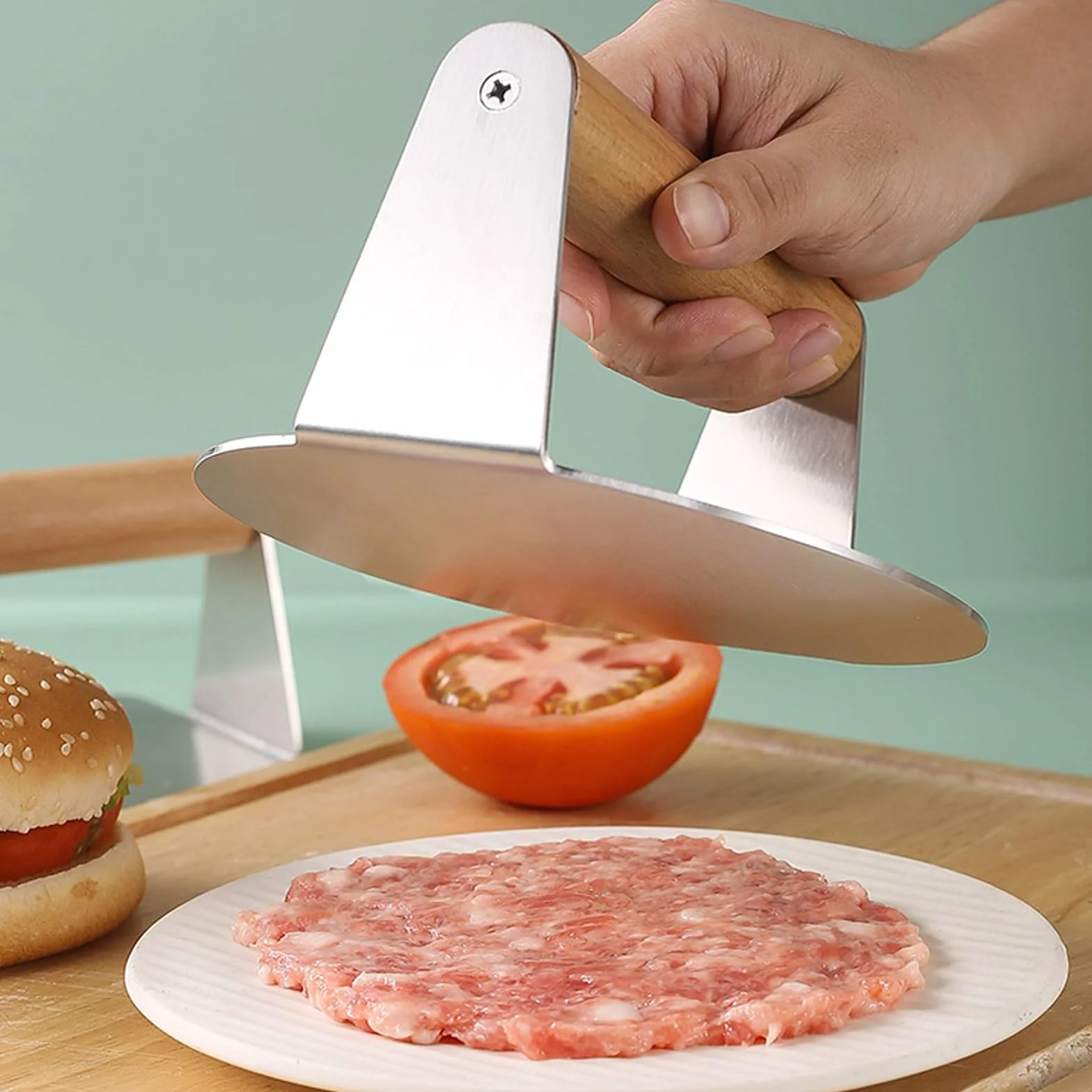 Prasa do burgerów, okrągła prasa do burgerów ze stali nierdzewnej 304 z drewnianym uchwytem, do burgerów klasy spożywczej, łatwa do czyszczenia do grilla płaskiego i smarownicy