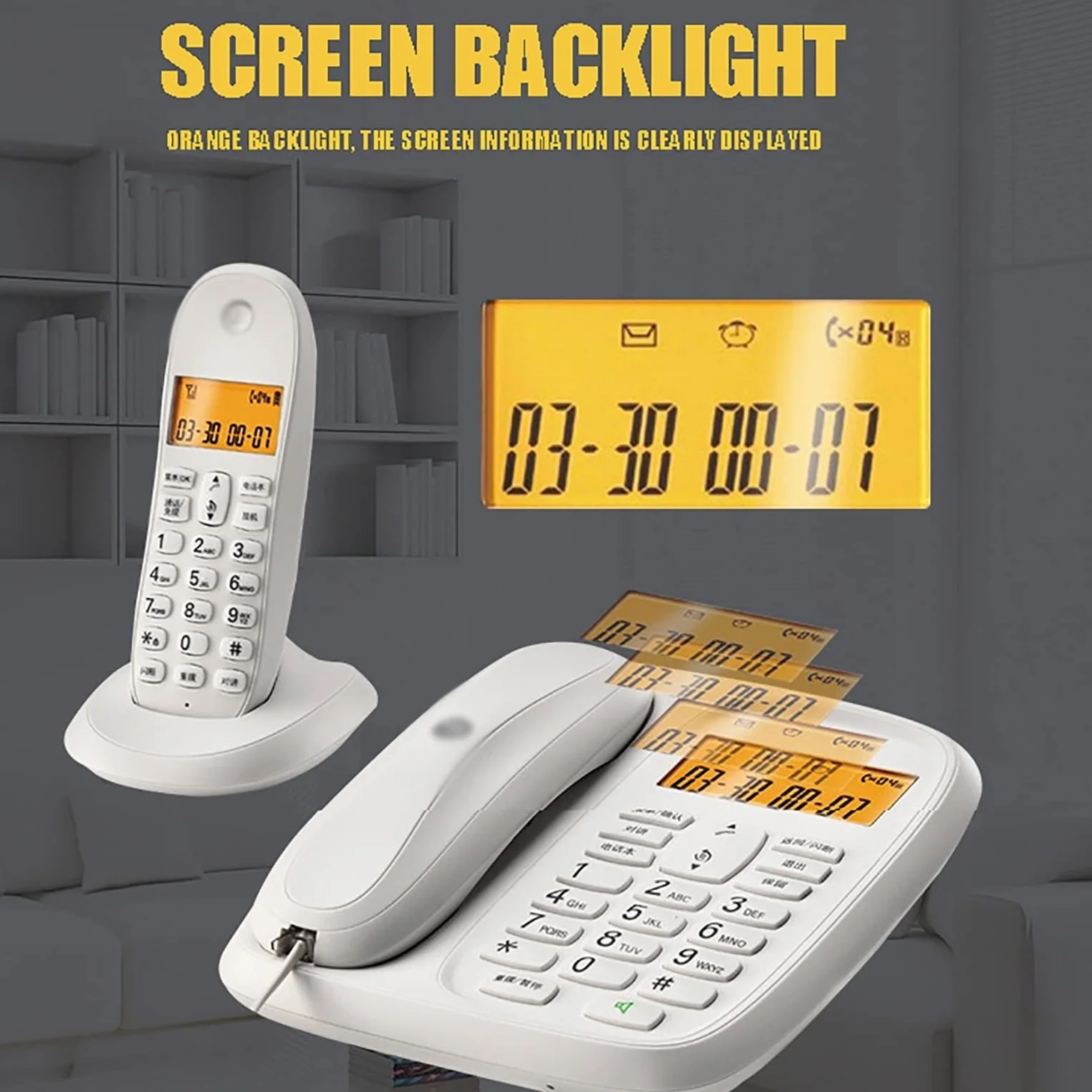 telefon bezprzewodowy + stacjonarny telefon stacjonarny, z blokadą połączeń irytujących, wyświetlacz z białym tłem, menu w języku angielskim, rozmowy w trybie głośnomówią(Czarny 1)