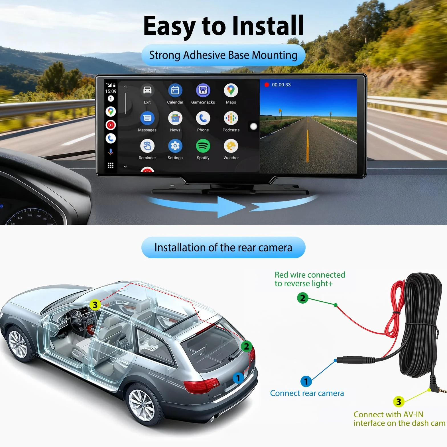 Bezprzewodowy ekran Carplay i Android Auto 26.1 cm, Apple Car Play z kamerą samochodową 4K i kamerą cofania, nawigacja GPS i sterowanie głosem, ekran Carplay do samochodów, SUV-ów, vanów (ADAS)