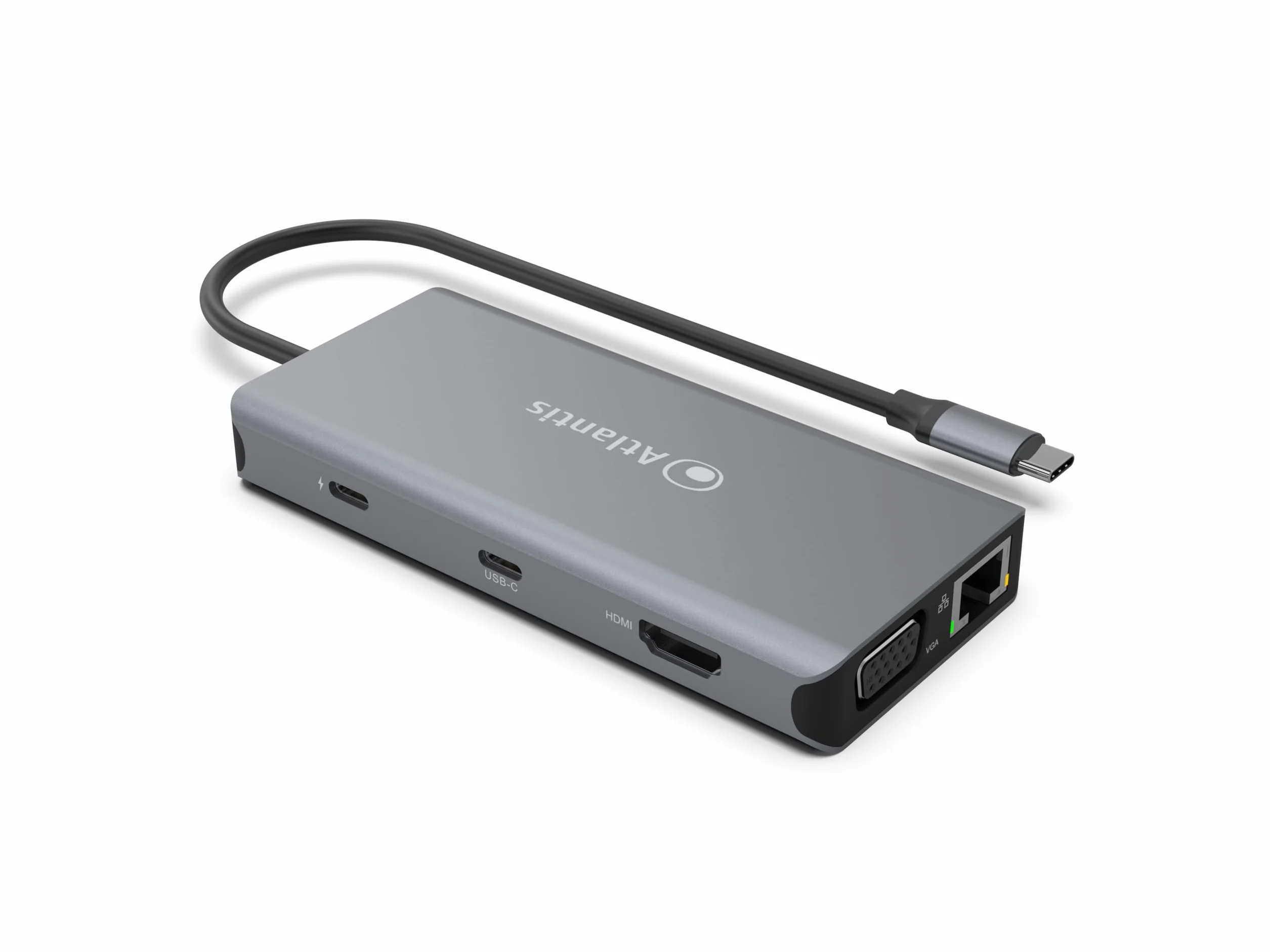 ATLANTIS A04-TC_DK46 Docking Station USB C (Type C) do HDMI 4K, VGA, Ethernet RJ45 Gigabit, 3 USB 3.0, 1 USB C, 1 PD-85W, 1 Audio IN/OUT 3.5mm, czytnik kart. Kabel 18 cm. Kompatybilny ze wszystkimi