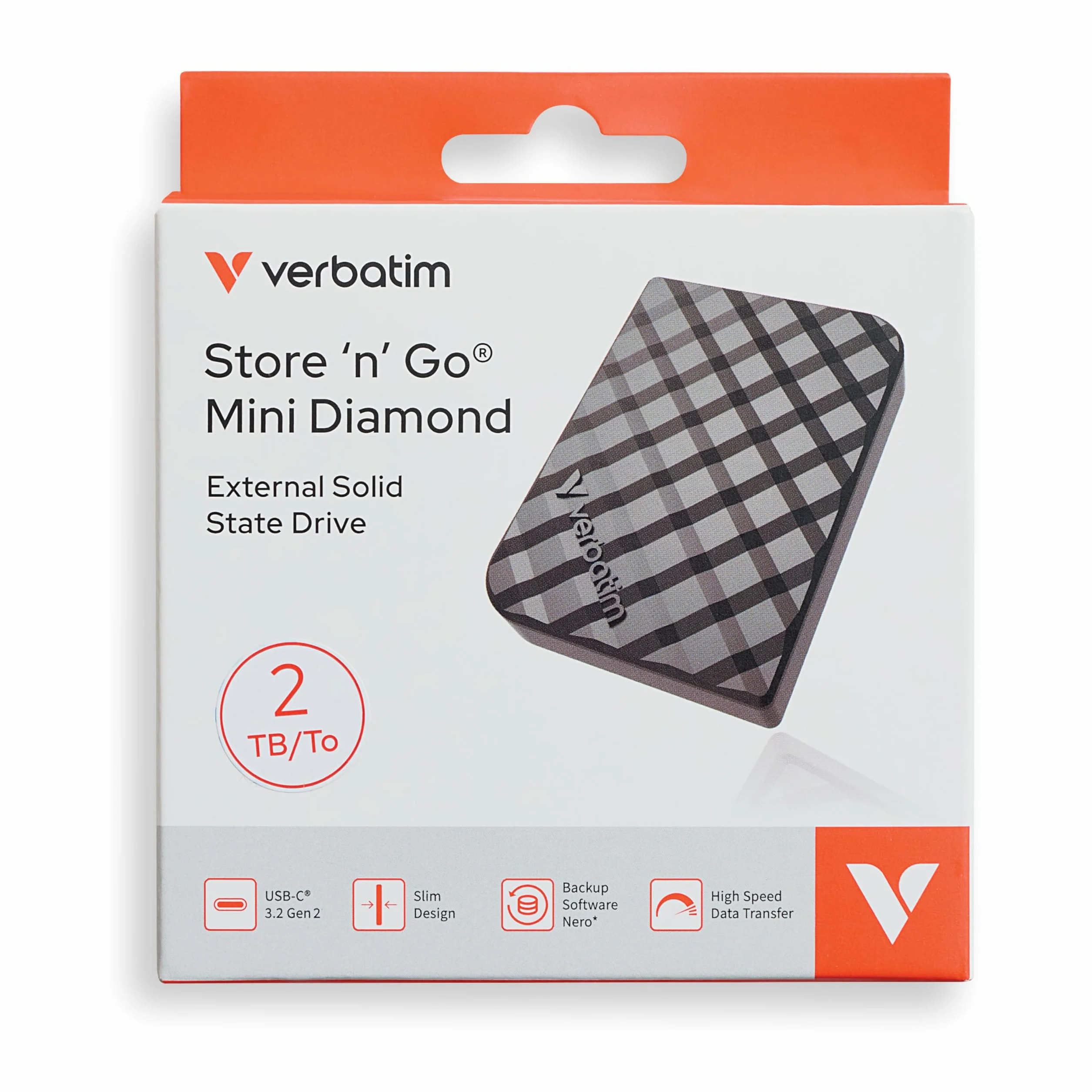 Verbatim Store 'n' Go Mini Diamond Portable SSD 2 TB, USB 3.2 Gen 1 z adapterem USB C 1000 MB/s, kompaktowy 35 g, szybki transfer danych, oprogramowanie Nero Backup, do PC i Mac, czarny
