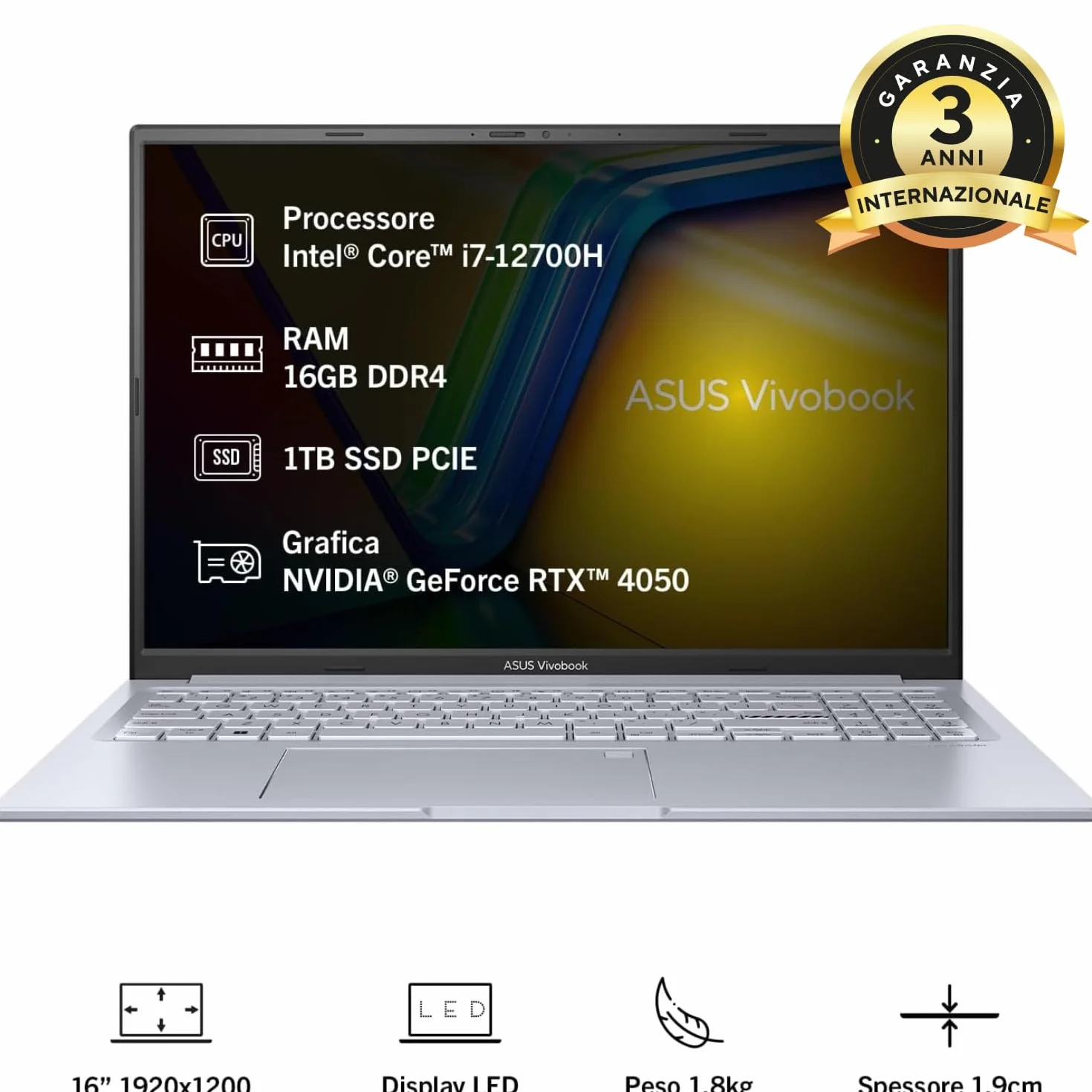 Asus Vivobook 16X K3605ZU-RP276W, aluminiowy notebook, 16", ochrona przed glare, 144 Hz, procesor Intel Core i7-12700H, RAM 16 GB, 1 TB SSD PCIE, NVIDIA® GeForce RTX™ 4050, WIN 11 HOME, srebrny