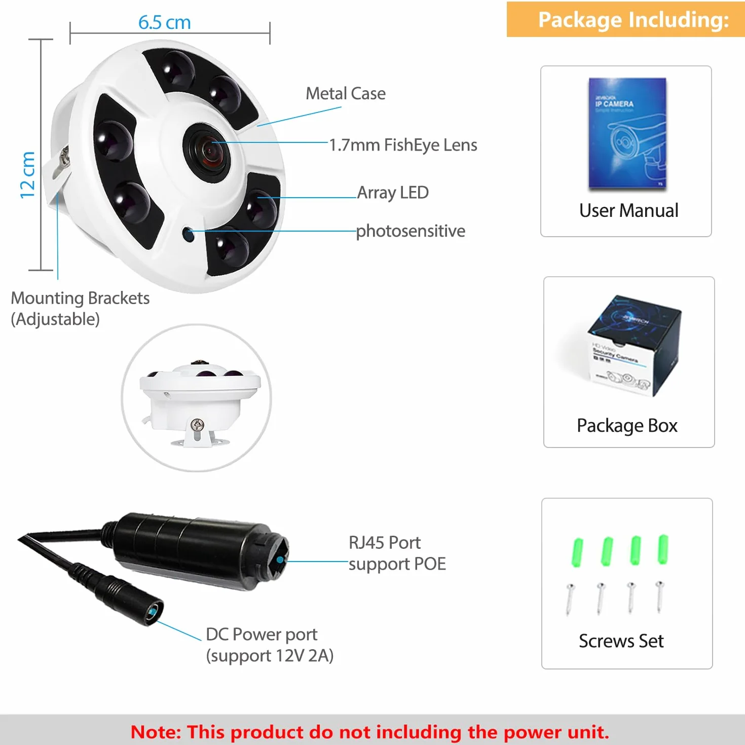 5 MP Fisheye POE kamera IP, HD Indoor CCTV kamera monitorująca 1,7 mm obiektyw 170 stopni kąt widzenia 6 Array LED IR widoczność w nocy P2P H.265 wykrywanie ruchu kamera POE IP (IF02-P-HS biała)