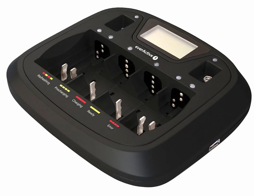 everActive Ładowarka do 8 akumulatorów AAA AA C D 9 V, uniwersalna i szybka, w pełni automatyczna, LCD ze wskaźnikiem poziomu baterii, model: NC-900U