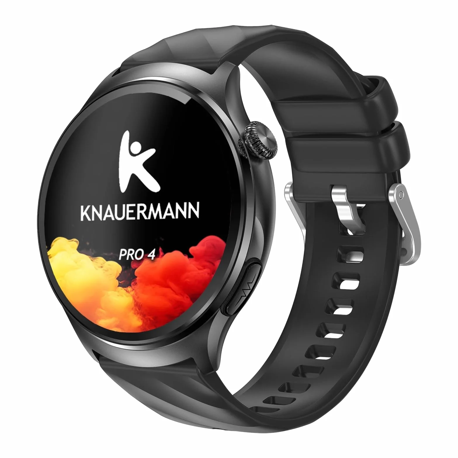 Knauermann PRO 4 (2026), okrągły, czarny, zegarek zdrowotny EKG z ciśnieniem krwi, tętnem i analizą snu, telefonia, IP67, ekskluzywny zestaw z 4 bransoletkami