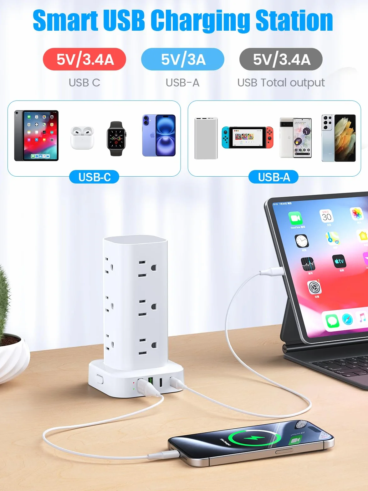 Płaska wtyczka wieża przeciwprzepięciowa, płaski przedłużacz 10 stóp z wieloma gniazdami, 12 wyjść AC, 4 porty USB (2 USB C) stacja ładująca do biura, domu,