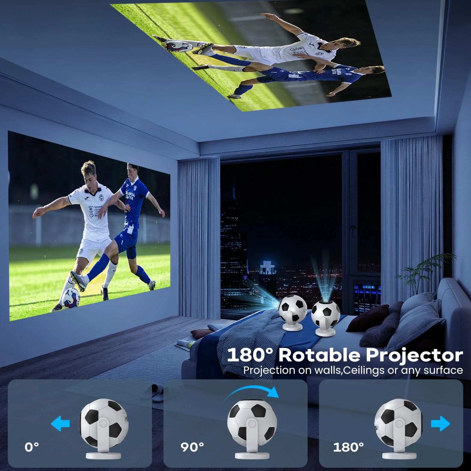 [Dedykowany projektor Mistrzostw Świata] Mini projektor, inteligentny projektor z WiFi 6 i Bluetooth 5.4, Android 14, obrót o 180°, przenośny projektor, kompatybilny z HDMI/TV Stick/laptopem