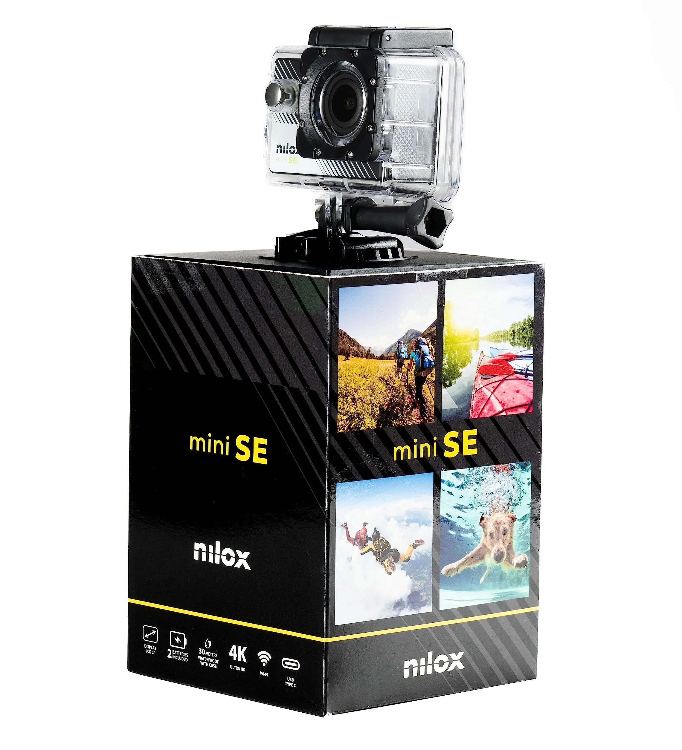 Nilox Action Cam Mini-SE, Action Cam 4k WiFi z rozdzielczością 4K/30 fps, elektroniczny stabilizator, ekran 2" LCD, pamięć 64 GB, kąt widzenia 170°, z wodoodporną obudową do 30 m