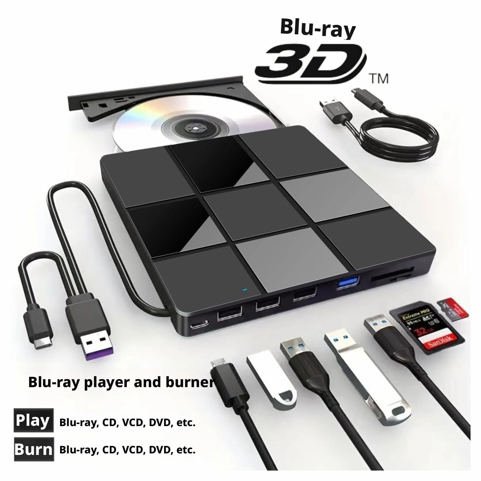 Zewnętrzna nagrywarka Blu-ray BD DVD USB3.0 typu C 7 w 1 Przenośny napęd optyczny UHD 4K(Blu-ray Player)