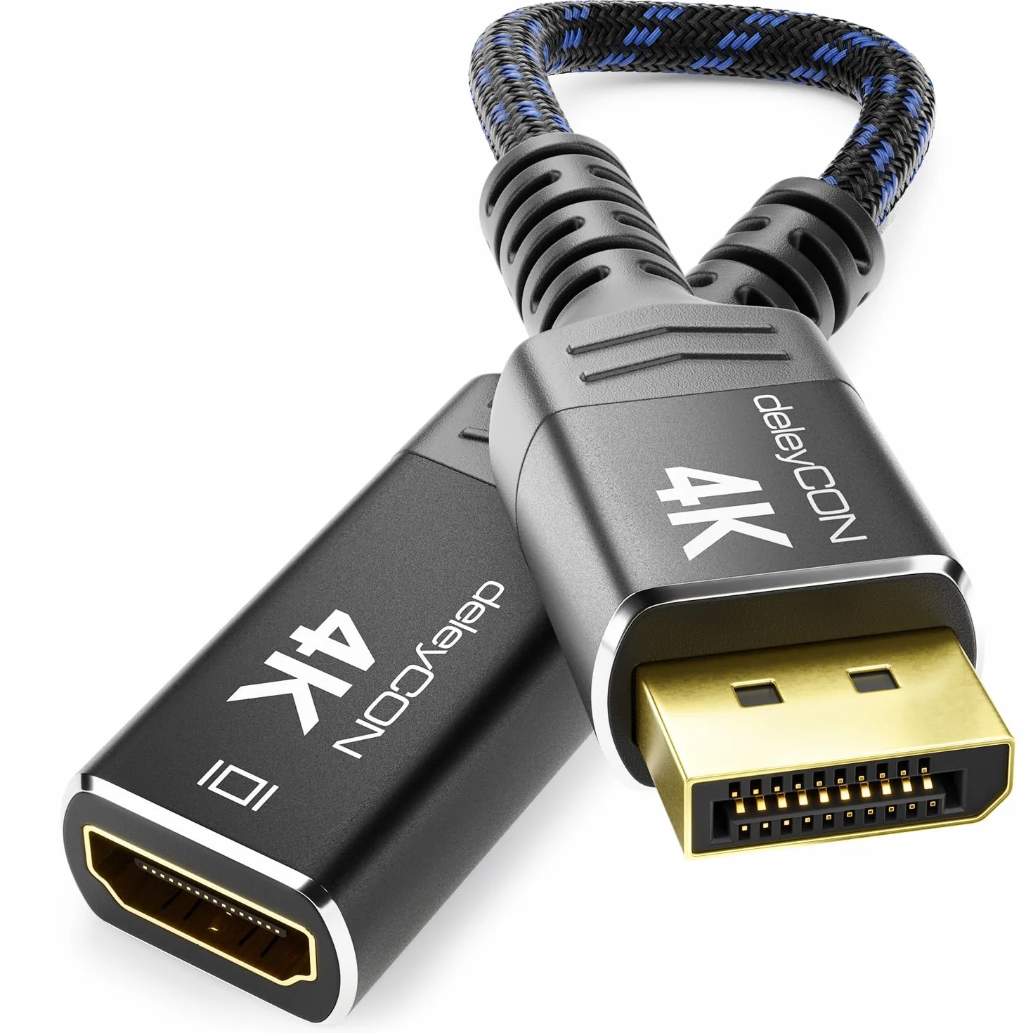 deleyCON Adapter DisplayPort do HDMI (Do Monitora, Telewizora, Projektora) - 4K@30Hz // 1080P@60Hz - Aluminiowa Wtyczka Kabel Nylonowy DisplayPort Męski do HDMI Żeński PC Laptop Monitor Czarny