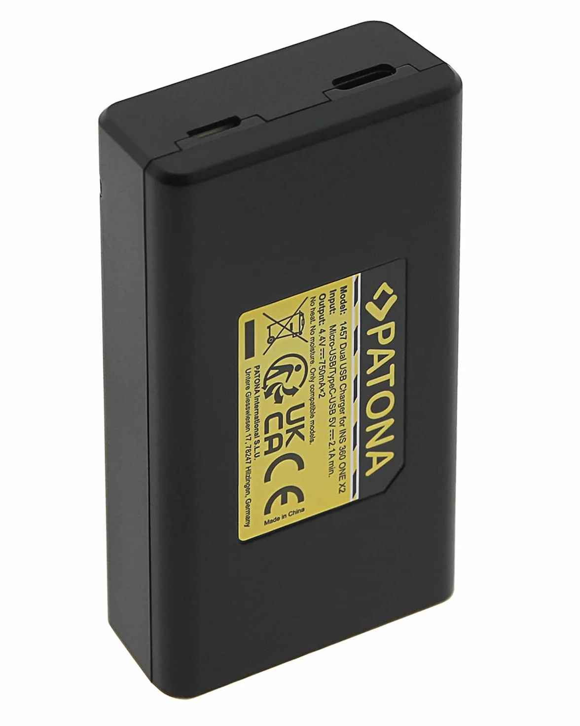 PATONA (1457) ładowarka do akumulatora IS360X2B (2x 750mA) kompatybilna z kamerą Insta 360 One X2 360° – USB Dual (z wejściem USB-c i mikro USB)