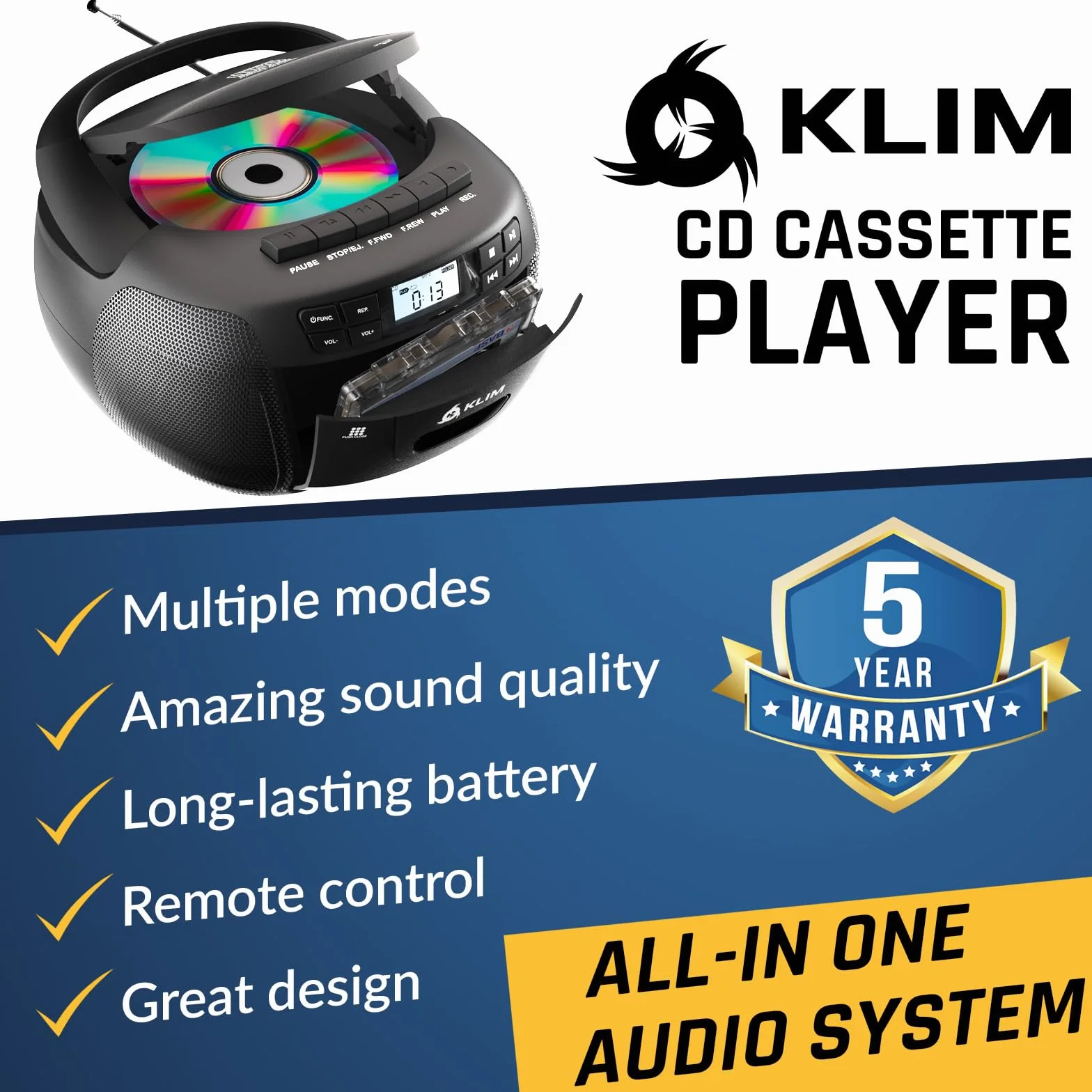 KLIM Odtwarzacz CD i magnetofon z obudową, AM/FM Radio CD, Bluetooth, Stereo, Pilot zdalnego sterowania, Nagrywanie kaset, USB, AUX