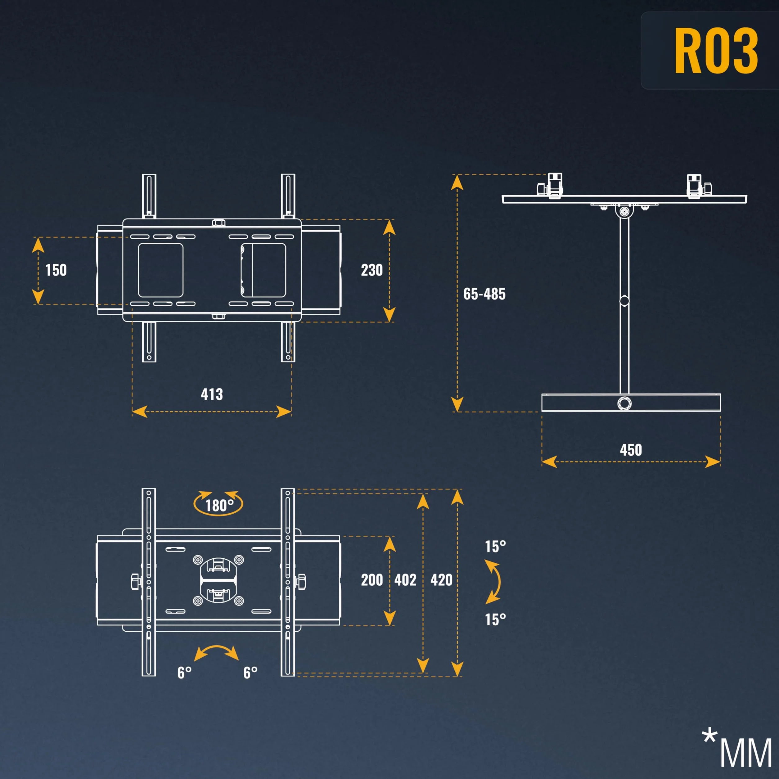 RICOO Uchwyt ścienny TV Orientable R03 Uniwersalny 32-65" (81-165cm) Naścienny TV LED/LCD/zakrzywiony VESA 200 x 200-400 x 400 x 400