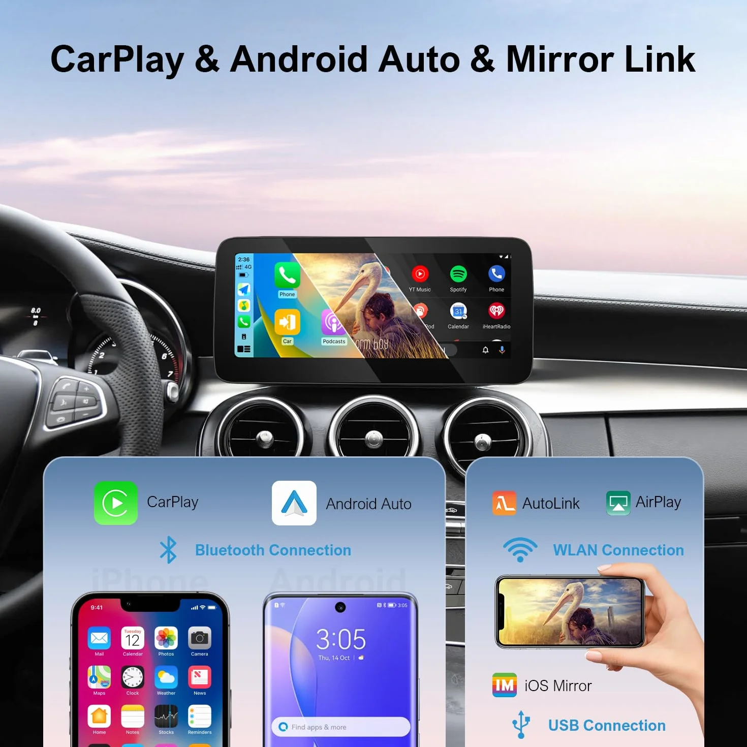 10,25" bezprzewodowy ekran dotykowy CarPlay i Android do samochodów Mercedes-Benz A/B/GLA/CLA/G klasy (W176/W117/C117/W246/W463/X156) 2015-2019, kompatybilny z systemem NTG 5.0/5.1/5.2