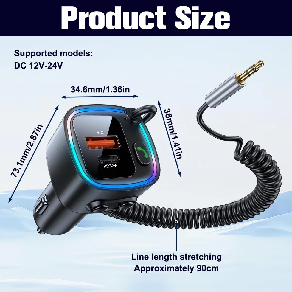Aux Bluetooth Auto 5.4 adapter samochodowy Bluetooth Bluetooth z gniazdem AUX 3,5 mm, ładowarka samochodowa 42 W, szybkie ładowanie PD 30 W i QC 12 W, kabel sprężynowy 90 cm