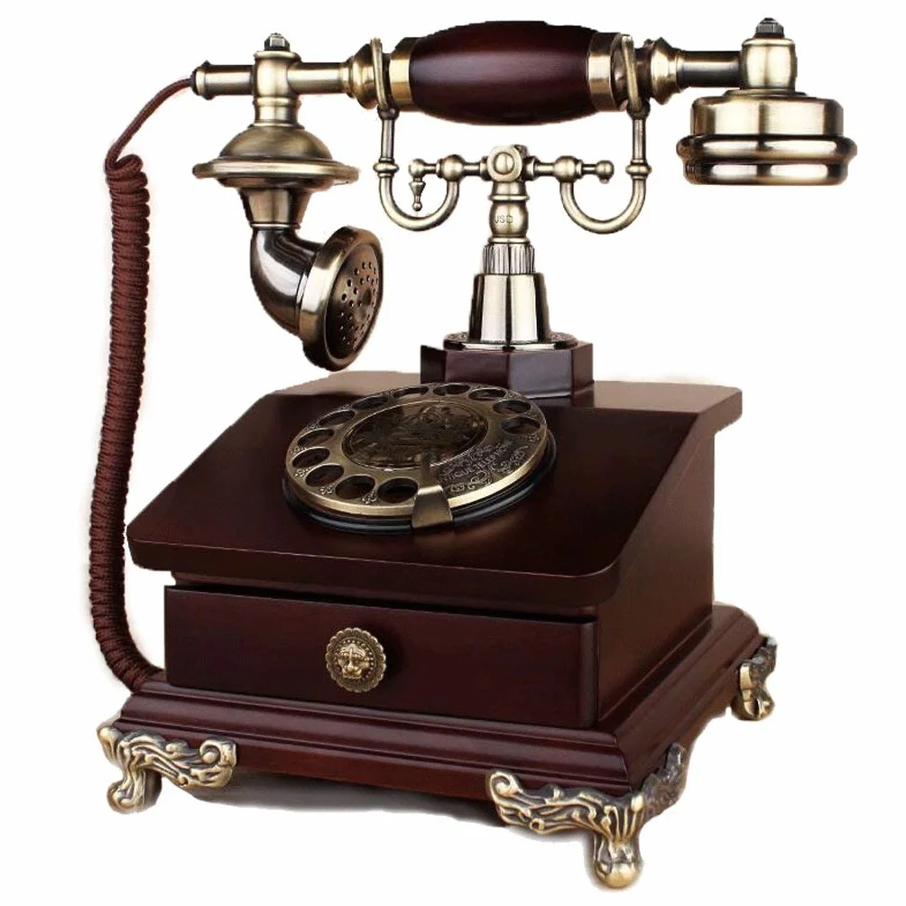 Retro klasyczny telefon stacjonarny, telefon, retro telefon z drewnianą i metalową obudową, vintage retro telefon stacjonarny domowy telefon domowy, biurko z dialerem telefon biurowy telefon domowy