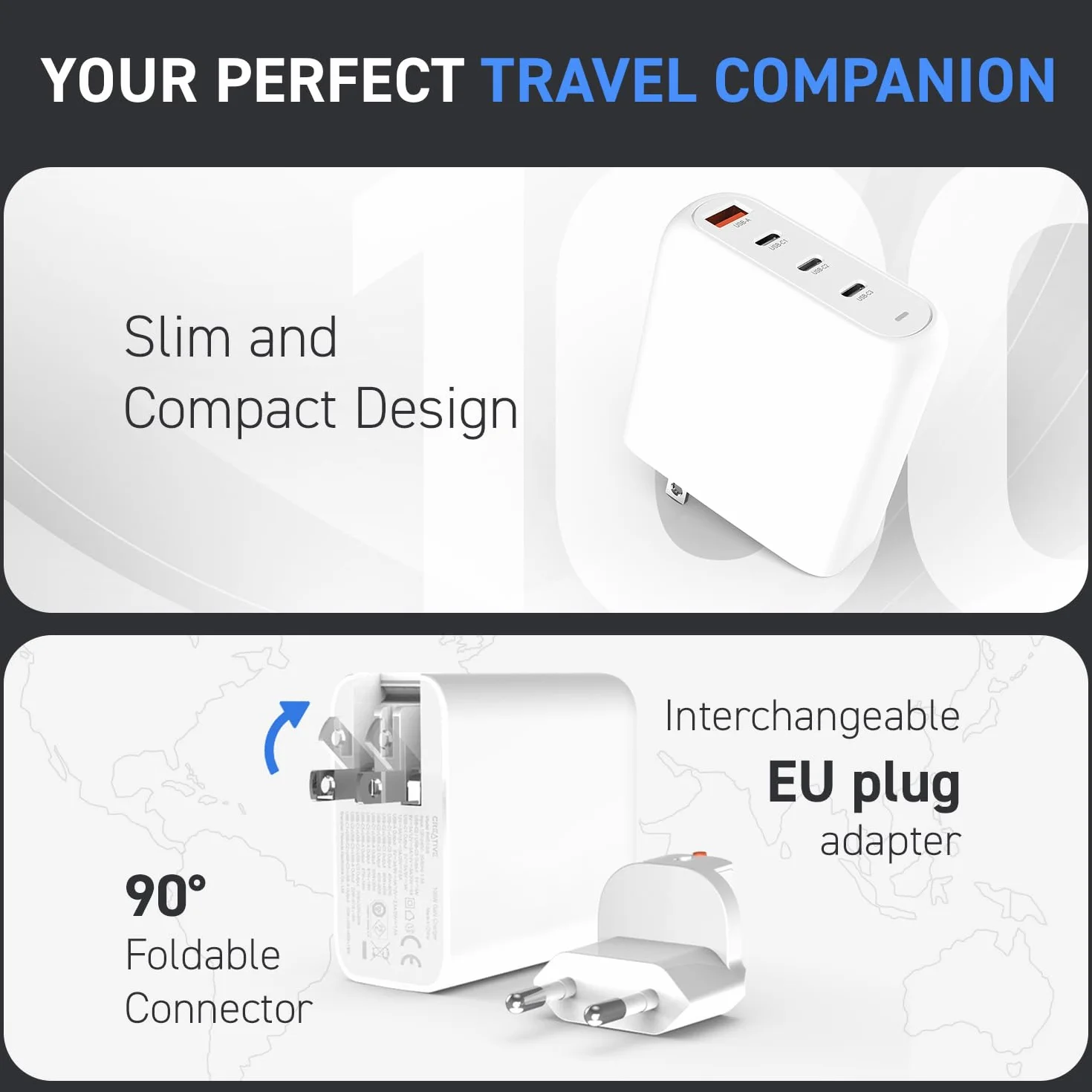 Creative 100 W GaN Charger 4-Port USB GaN Ładowarka ścienna z PPS, PD 3.0 i QC 4.0+ do telefonów i laptopów, w zestawie z wymienną wtyczką AC UE