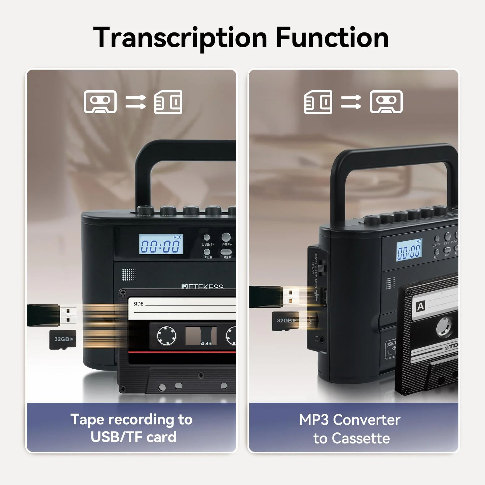 Retekess TR641 Przenośne Radio,Taśmowe Odtwarzacz,FM AM,Karta USB/TF,Połączenie Bezprzewodowe,Operacja Baterii lub Zasilanie Prądu Przemiennego,Używane do Odtwarzania Starej Taśmy