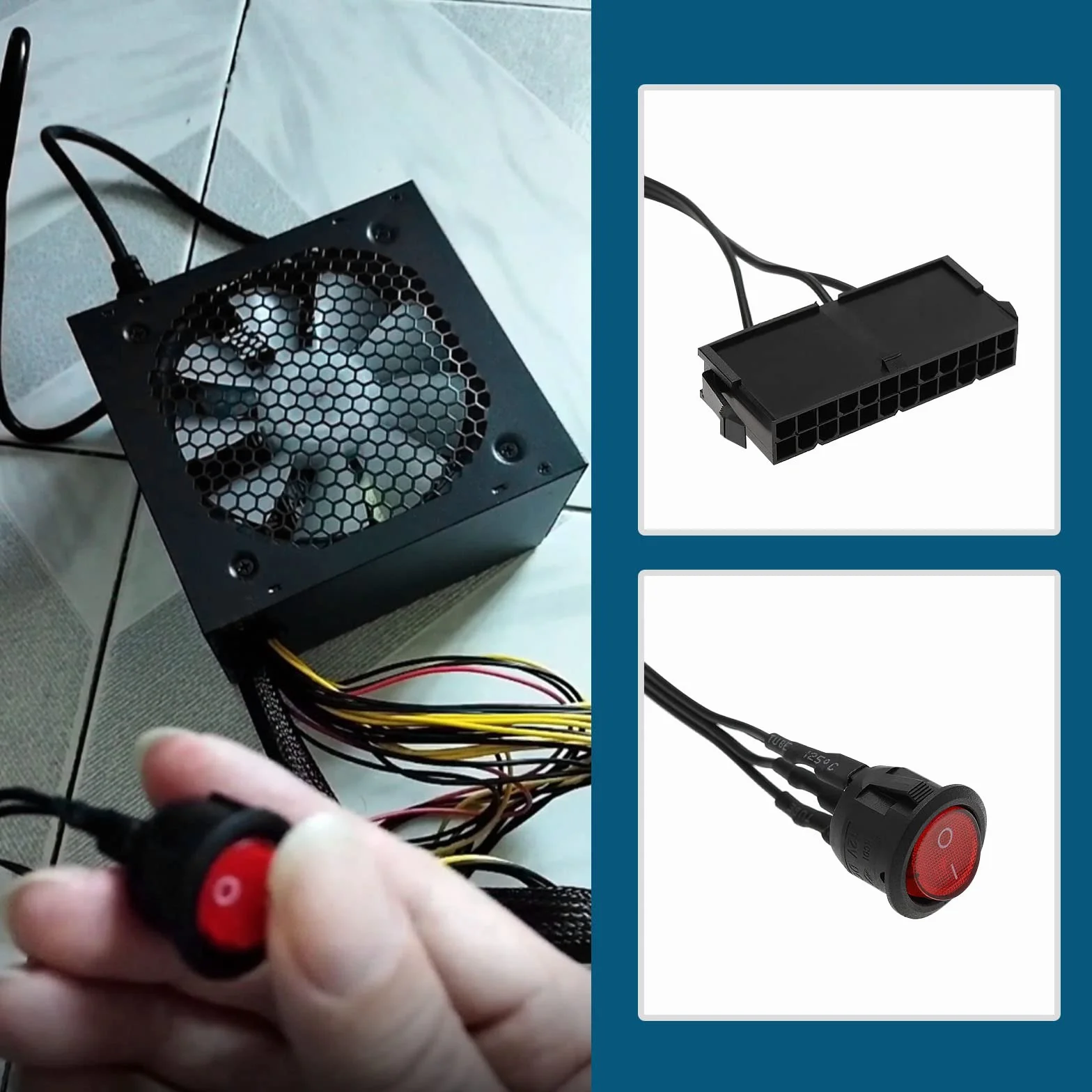 ECSiNG 20/24-pinowy kabel przełącznika zasilania ATX/EPS z czerwoną diodą LED