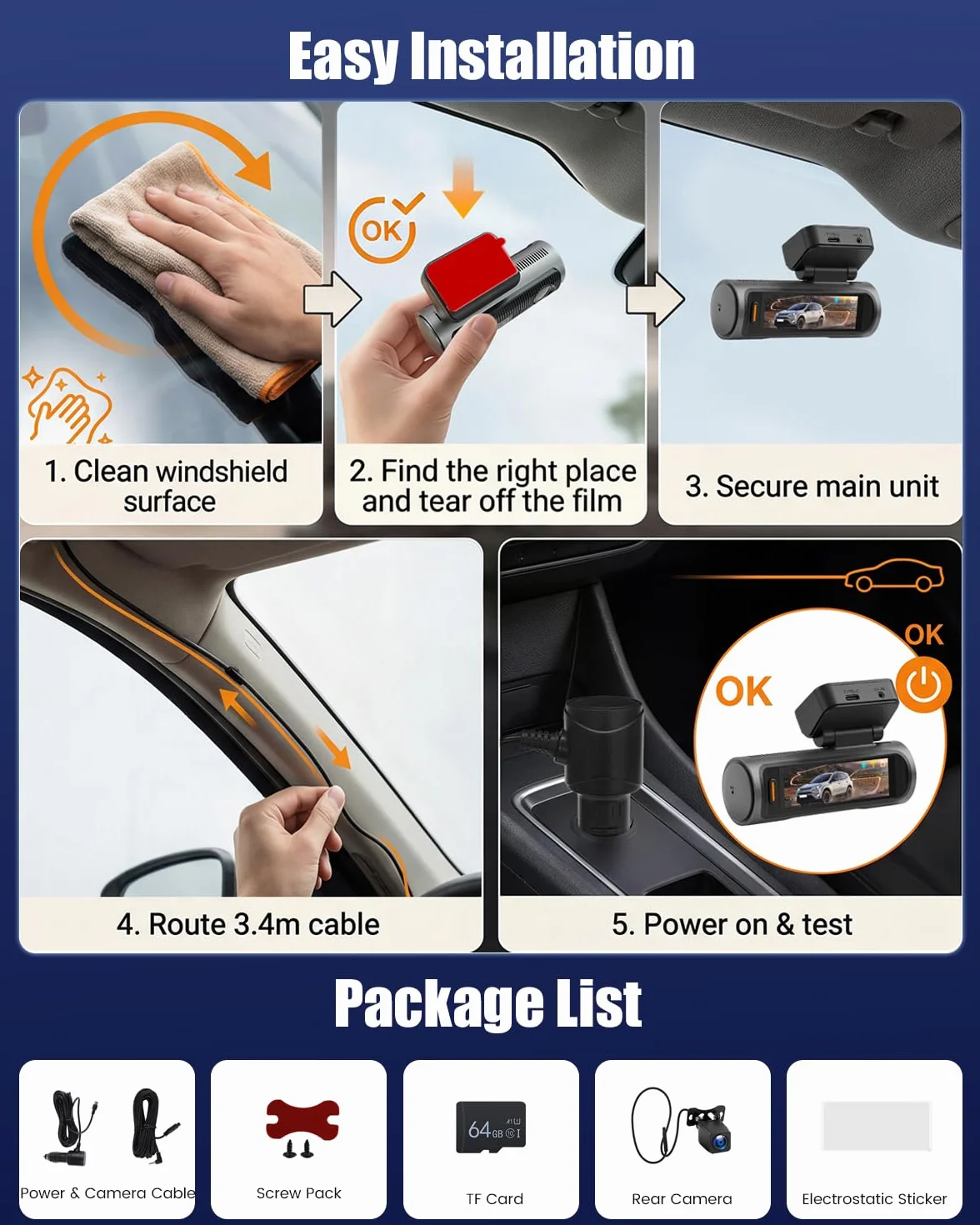 Kamera samochodowa 4K przód/tył, 2-kanałowy aparat samochodowy z kartą SD 64 GB, ekran dotykowy IPS 3,2", szeroki kąt, noktowizor, czujnik G, kamera Dash Cam WiFi z nagrywaniem w pętli