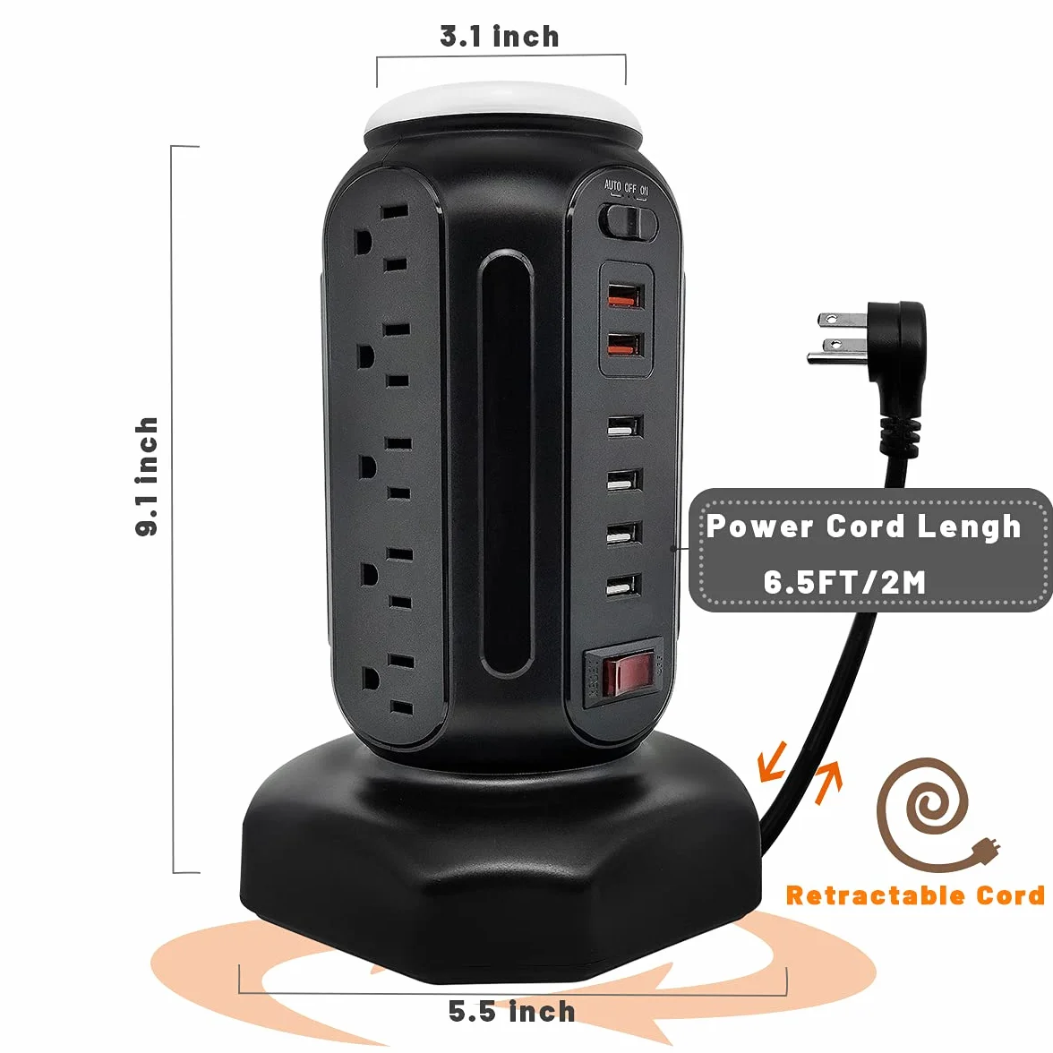 Power Strip Tower 15 gniazd, 6 portów USB, ochrona przeciwprzepięciowa z kolorowym światłem LED i szybką ładowarką USB, stacja ładująca komputer z wytrzymałym przedłużaczem 6,5