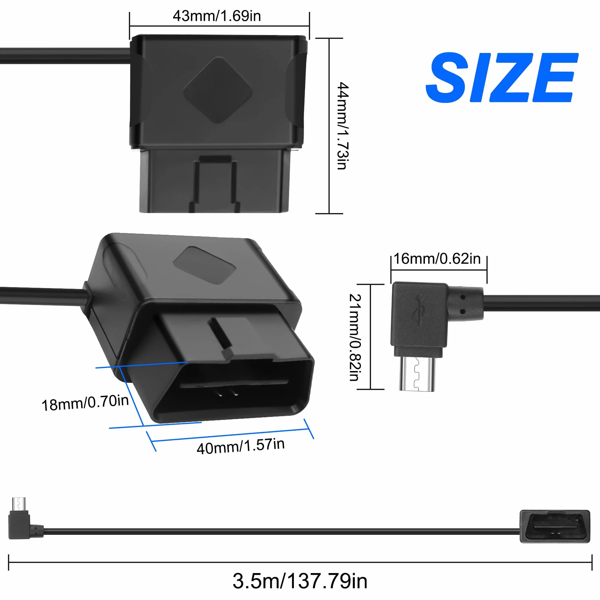 Kabel sieciowy OBD do kamery samochodowej micro USB 90 stopni 12V-24V do 5V Dash Cam Hardwire Kit z LED i ochroną niskiego napięcia