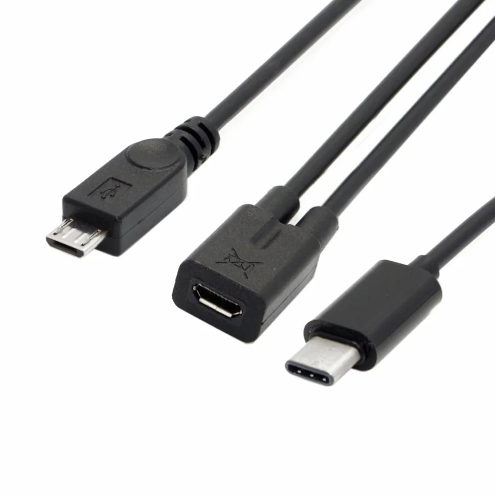 Adapter USB-C na MicroUSB, 2-portowy, AWG 28, czarny Micro USB żeński na USB-C typ C USB 3.1 Micro USB męski rozdzielacz przedłużający kabel do ładowania