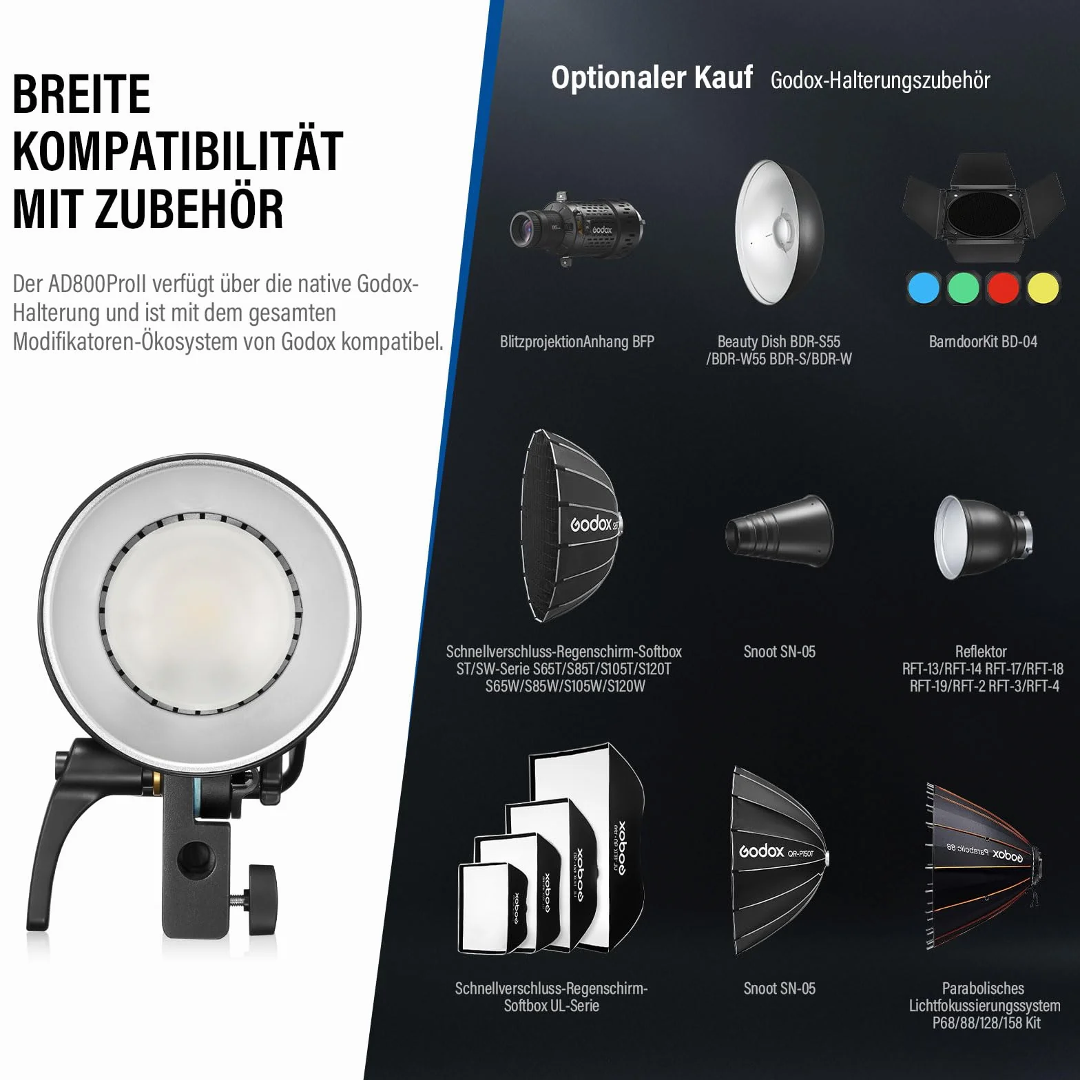 GODOX AD800Pro 800W TTL lampa błyskowa zewnętrzna, 2,4 G Wireless HSS 1/8000s, zdejmowana bateria litowa, 10-stopniowa regulacja, 40 W, podwójny tryb lampy 2800K-6000K, czas ładowania 0,01-1,5, 300