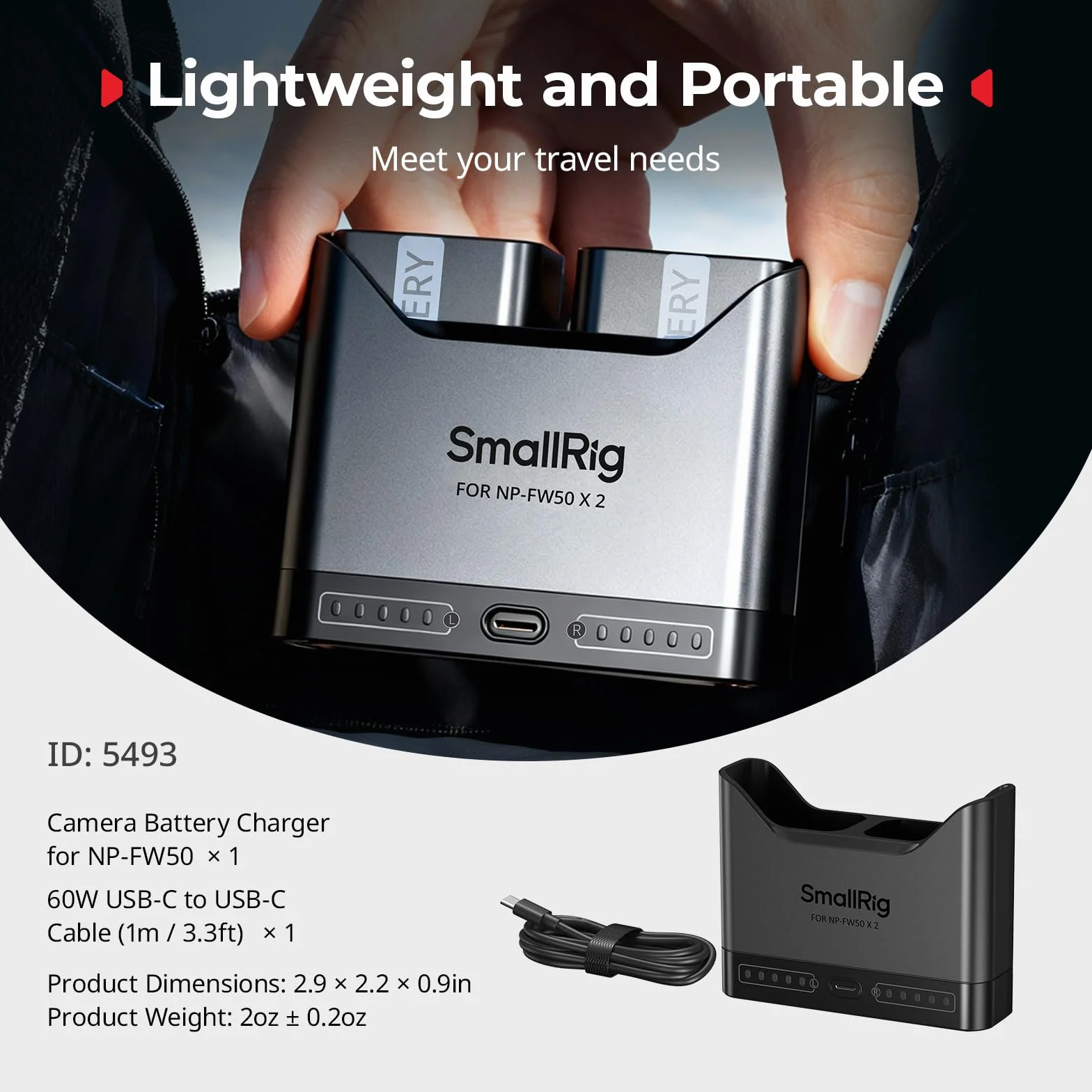 SMALLRIG Ładowarka akumulatorów NP-FW50 do Sony, 2-godzinna ładowarka z dwoma gniazdami i portem USB-C 11 W, w pełni kompatybilna z modelami A6000 A6100 A6300 A6400 ZV-E10 A7 A7S A7R A7SII A7RII -5493