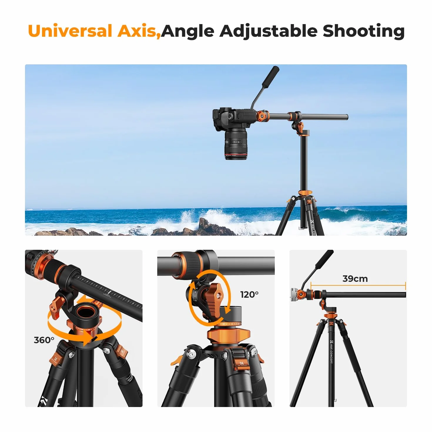 Statyw do aparatu, K&F CONCEPT statyw wideo, tripod z głowicą płynu, 231 cm statyw z kolumną środkową 90° i zdejmowanym statywem monopodowym, aluminiowy statyw podróżny T254A7+FH-03 do DSLR