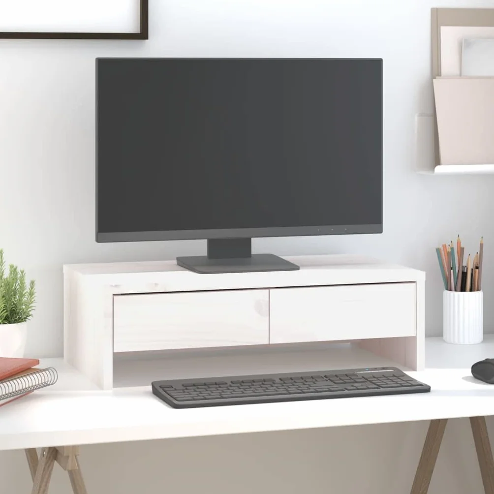 Biały stojak na monitor z litego drewna sosnowego, 50 x 27 x 15 cm, z dwiema szufladami, nakładka na biurko do pracy, biura, biura domowego i gier jako ergonomiczna półka