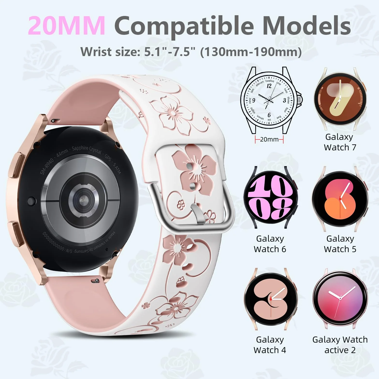 Mastten Grawerowany pasek w kwiaty, kompatybilny z zegarkiem Samsung Galaxy Watch 7, 6, 5, 4 Active 2, 40 mm, 44 mm, Watch FE / 6 4 Classic, 5 Pro/Watch 3 41 mm, 20 mm, miękki, elegancki, silikonowy,
