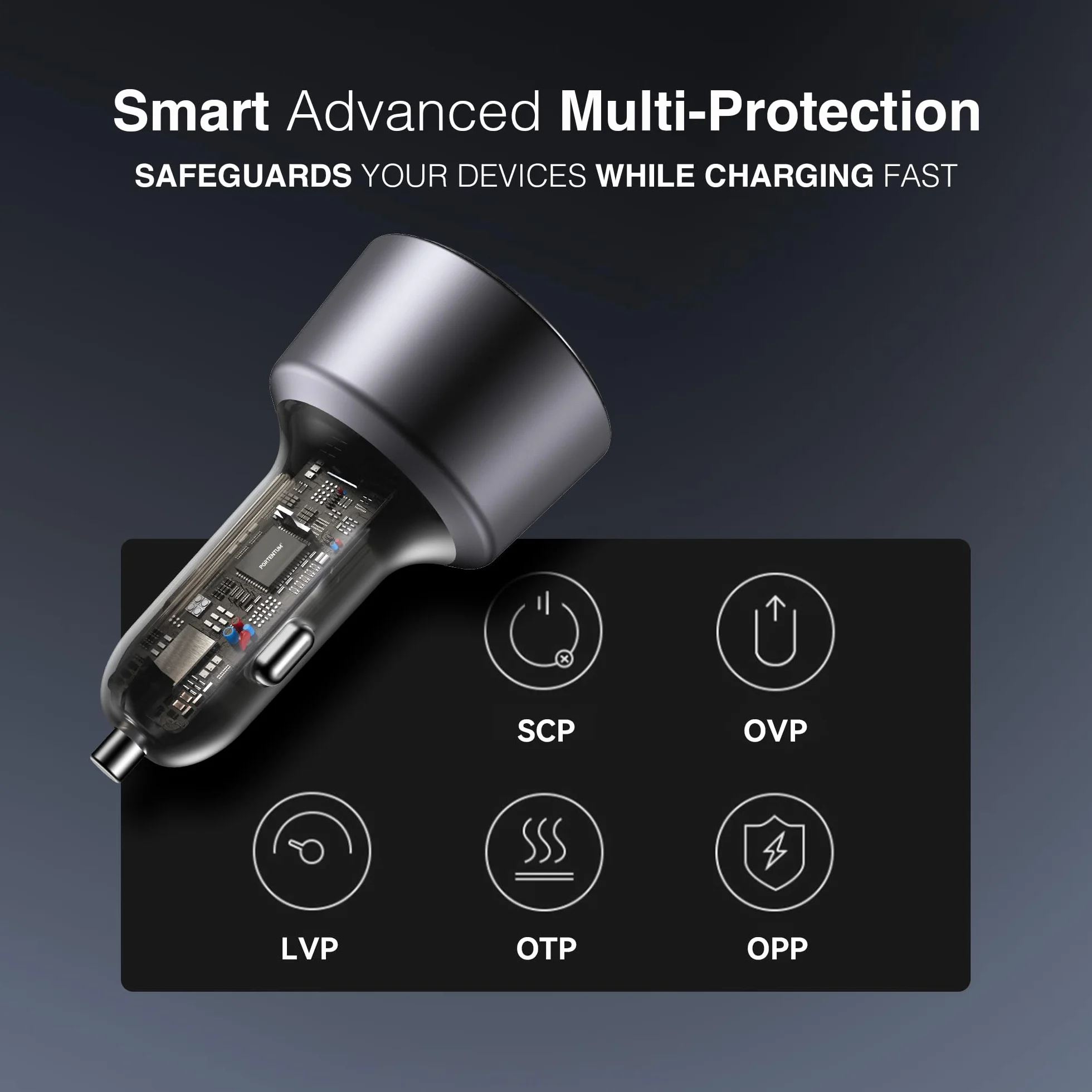 PORTENTUM Adapter ładowarki samochodowej 200 W – darmowy kabel USB-C – potrójny i symulacyjny – 2 x USBC PD 100 W + USBA QC 18 W – ładowanie USB do zapalniczki samochodowej do iPhone'a, iPada