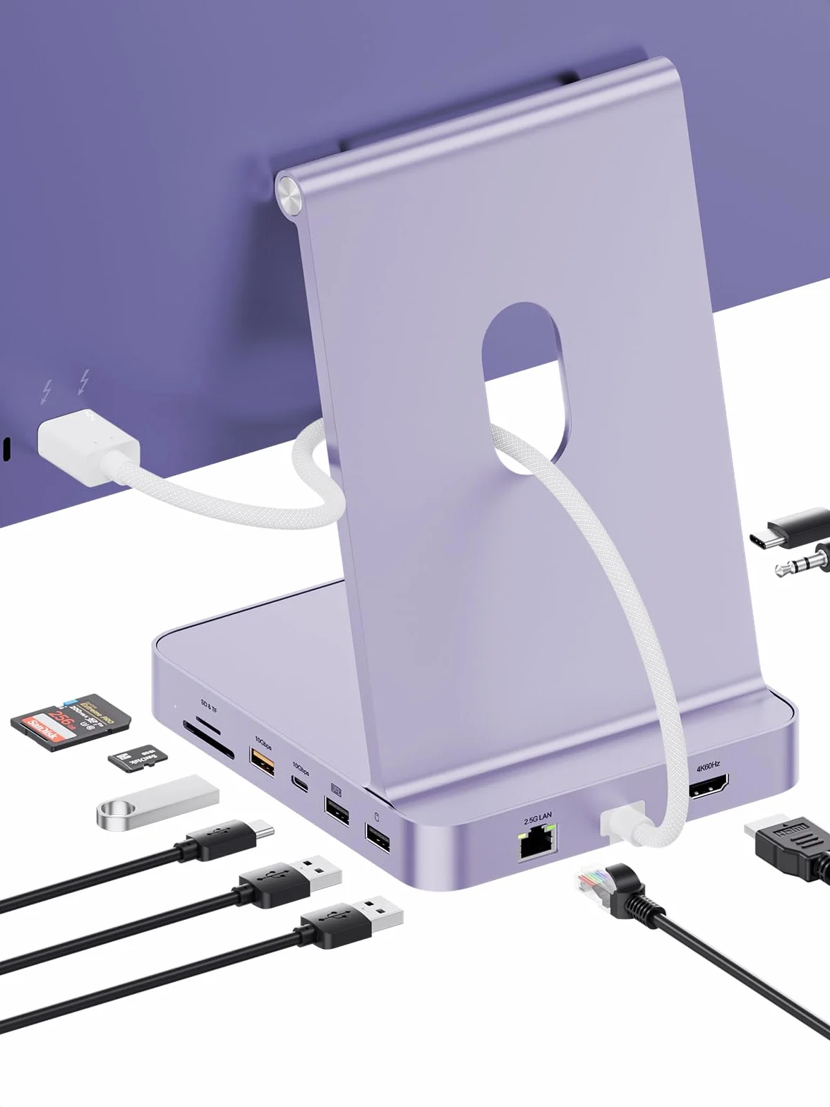 Ulepszony iMac Hub do iMac M1/M3/M4, akcesoria iMac z obudową SSD (bez SSD), hub USB C do iMaca 24 cali z HDMI 4K@60 Hz, 2,5 GbE, USB A/C 3.2 10 Gbit/s, SD/TF, audio, fioletowy