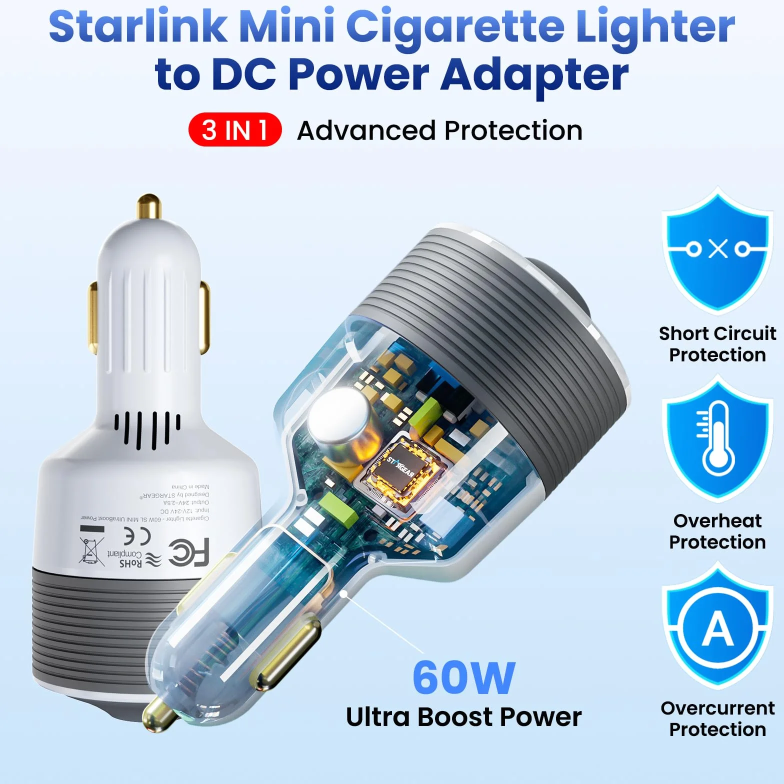 Starlink Mini adapter samochodowy 12 V na 24 V DC Step Up z adapterem do zapalniczki samochodowej 60 W, adaptery Starlink Mini 12 V obsługuje oficjalne adaptery 16 AWG, 30 m, idealny do