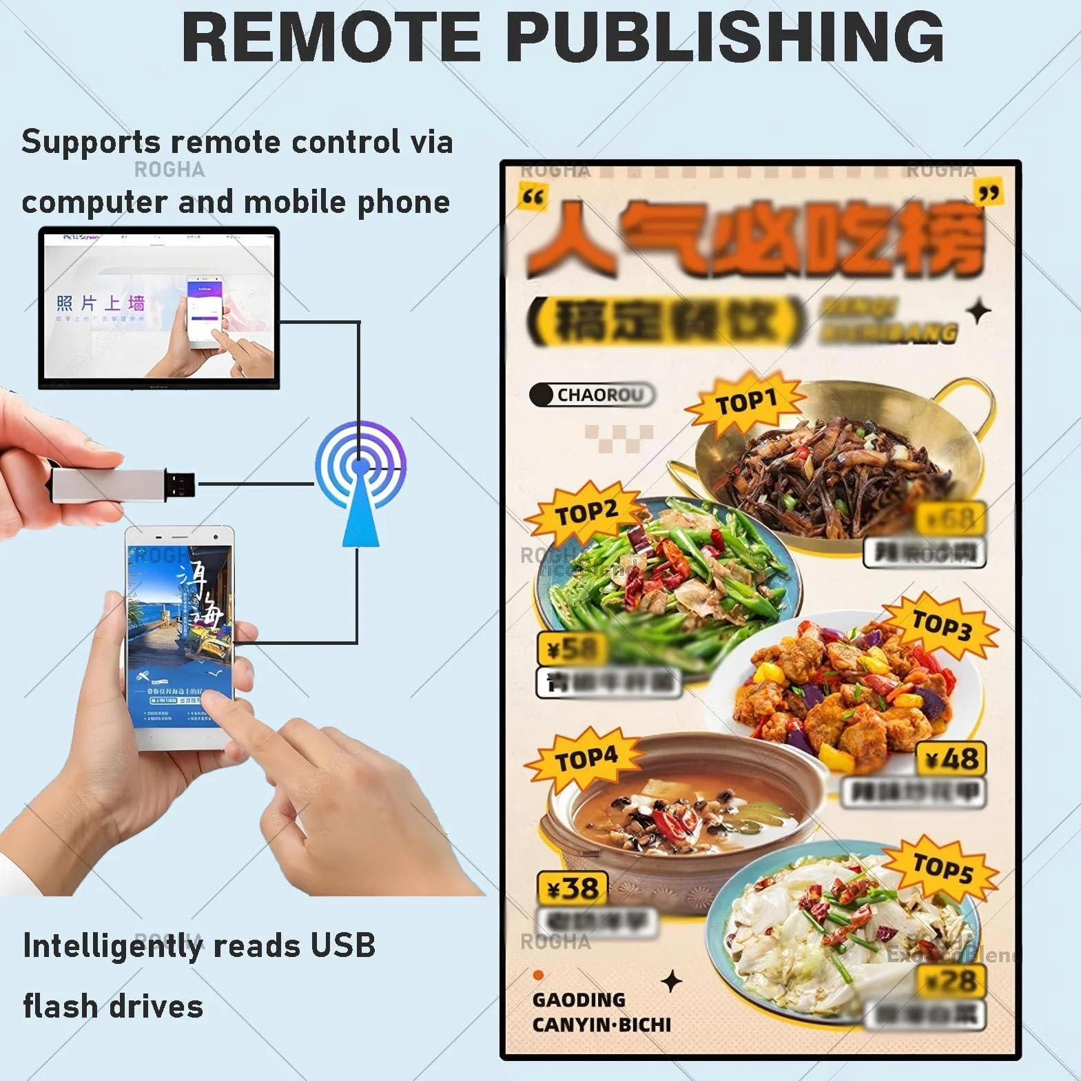 Cyfrowy ekran reklamowy, komercyjny wyświetlacz reklamowy do restauracji i Sklepy, Zdalne/USB, Poziomo/Portret 32inch